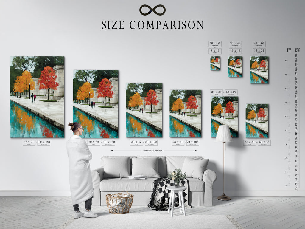 Here's a size comparison chart in an interior setting. This helps visualize artwork dimensions. See how different sizes fit your space. This ensures the perfect fit for your wall. Choose the right size for your artwork needs. This chart is helpful for art selection.
