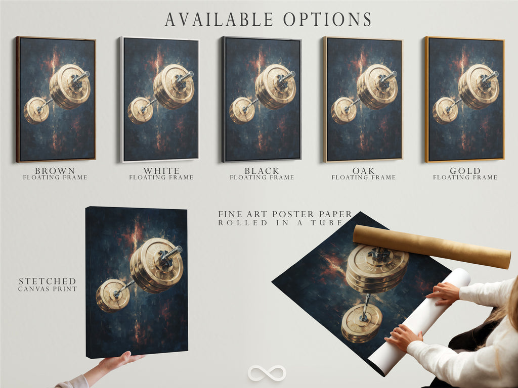 Available options include stretched canvas print fine art poster paper and floating frame. Customize your barbell weights art. Choose the perfect medium for your fitness artwork. Explore all options today.
