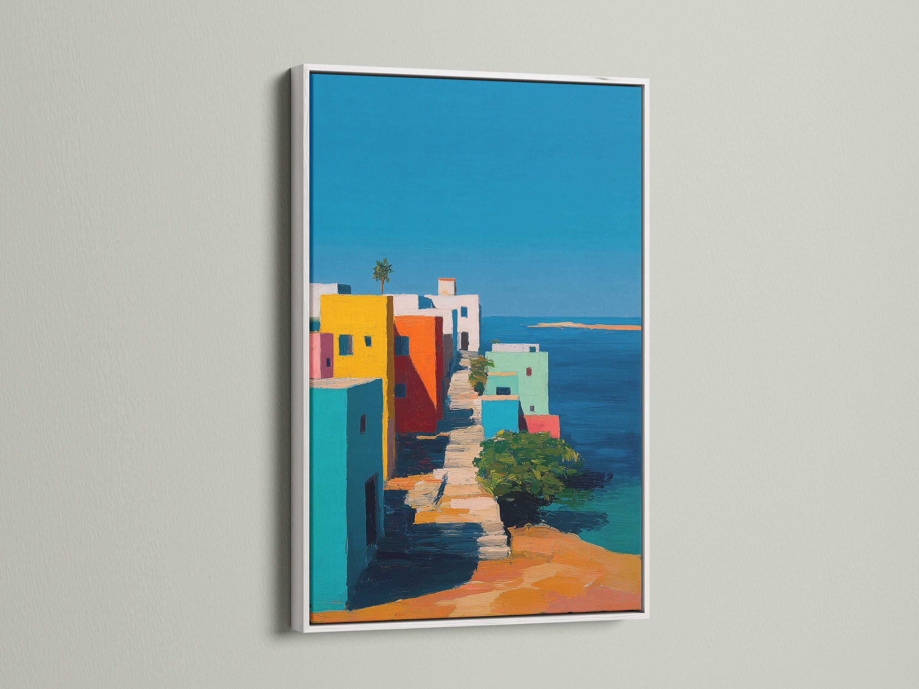 A white frame surrounds a stunning art print. The clean white border accentuates the artwork. The print displays vibrant buildings near the ocean. It brings a fresh and modern touch to your space. This frame is the perfect choice.