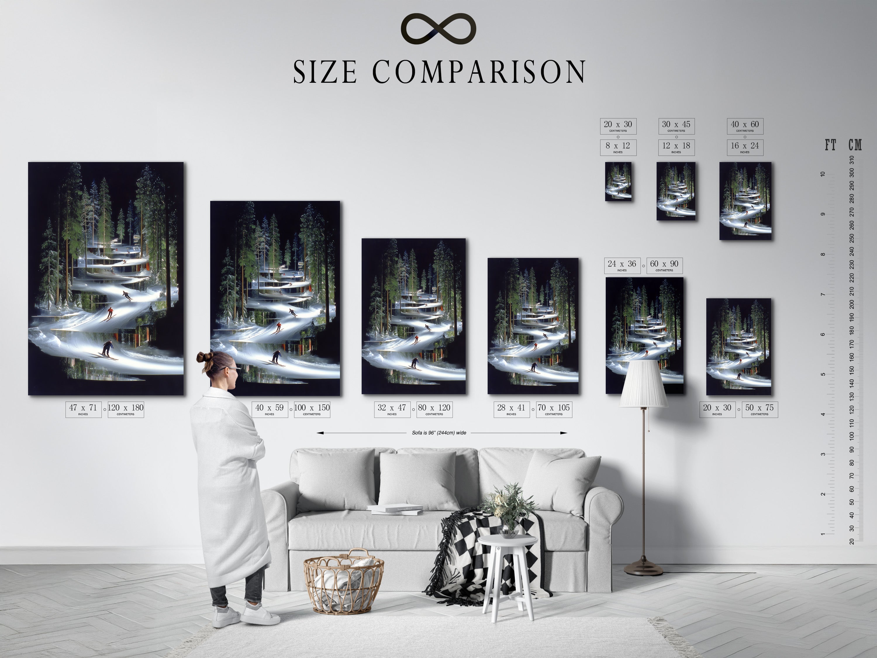 Size comparison chart displayed in an interior setting. See how modern ski resort artwork fits in your space. Choose the ideal size for your alpine forest wall art. Enhance your decor with a perfect winter sports print.