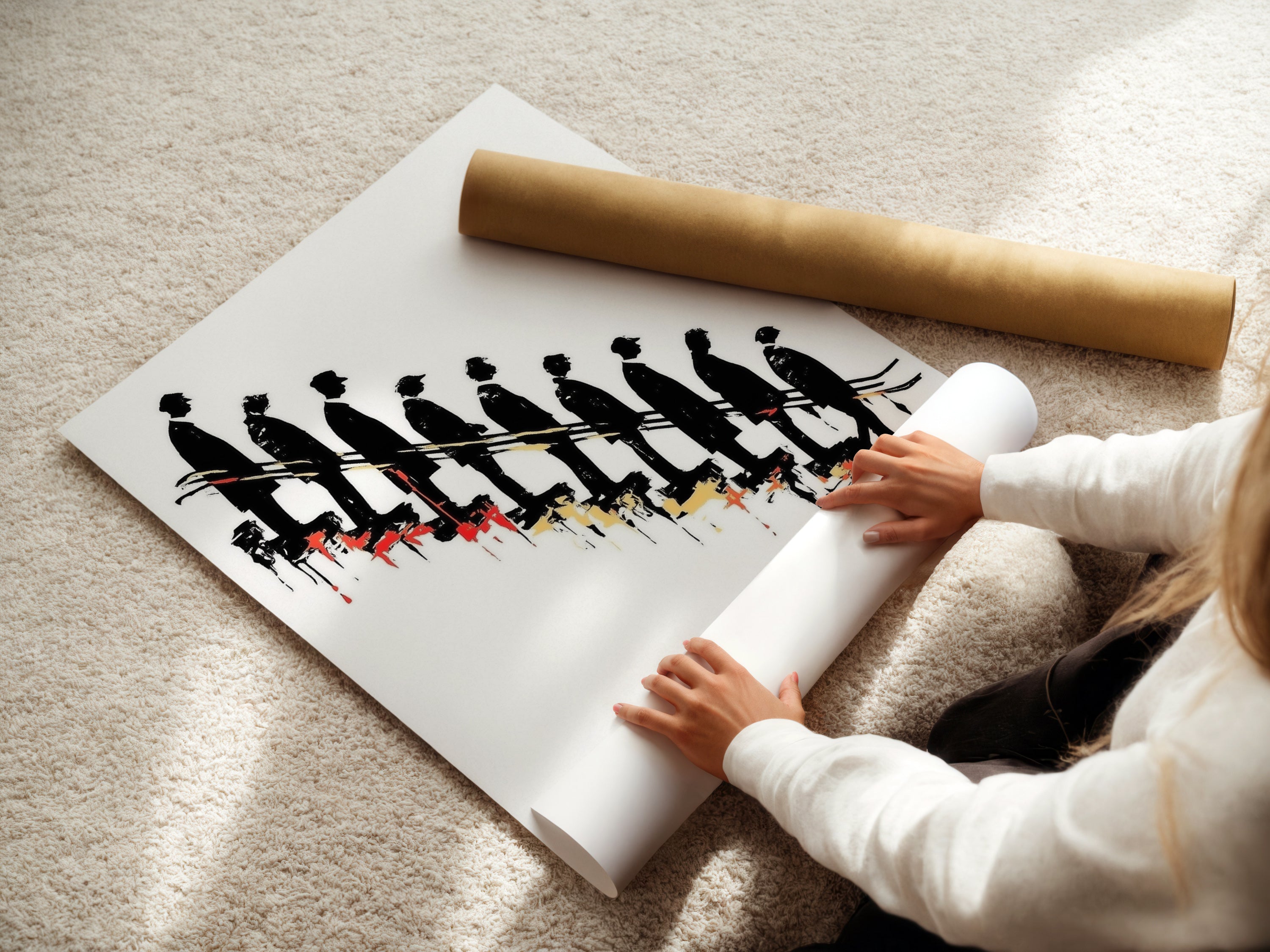 A woman is carefully rolling a fine art poster paper. The poster features conceptual artwork with descending figures. This high-quality print is perfect for modern interiors. Ideal for those seeking minimalist decor or unique office art. The black and red art adds a touch of sophistication.