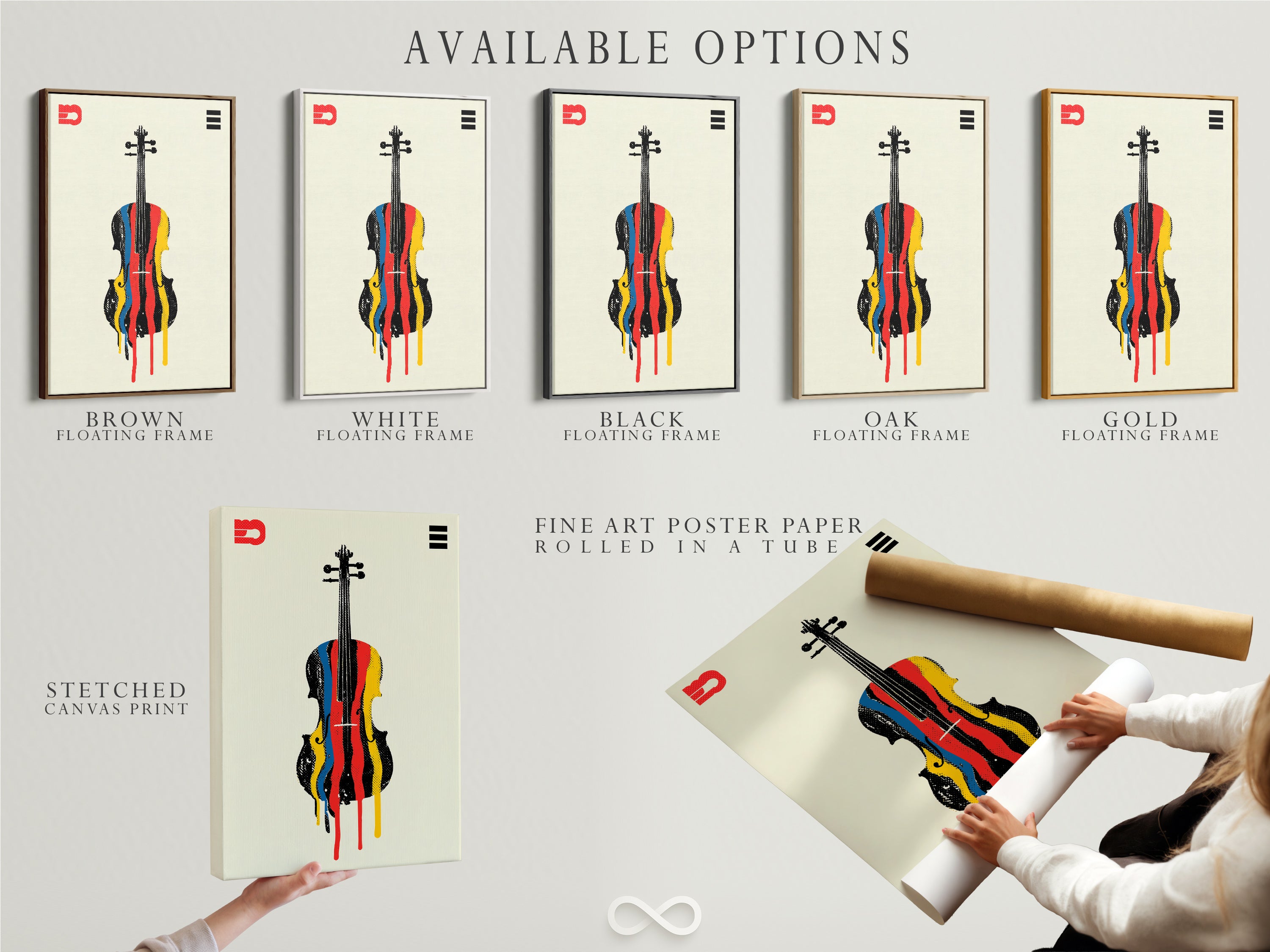 Explore available options for this abstract violin artwork. Choose from a stretched canvas print or fine art poster paper. Consider a floating frame for a polished look. This colorful orchestra art will enhance any music room's decor