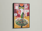 Abstract Cat artwork framed in sleek black. The modern animal art is a playful addition. This folk art canvas features green and orange accents. Enhance your space with this unique and colorful cat poster today.