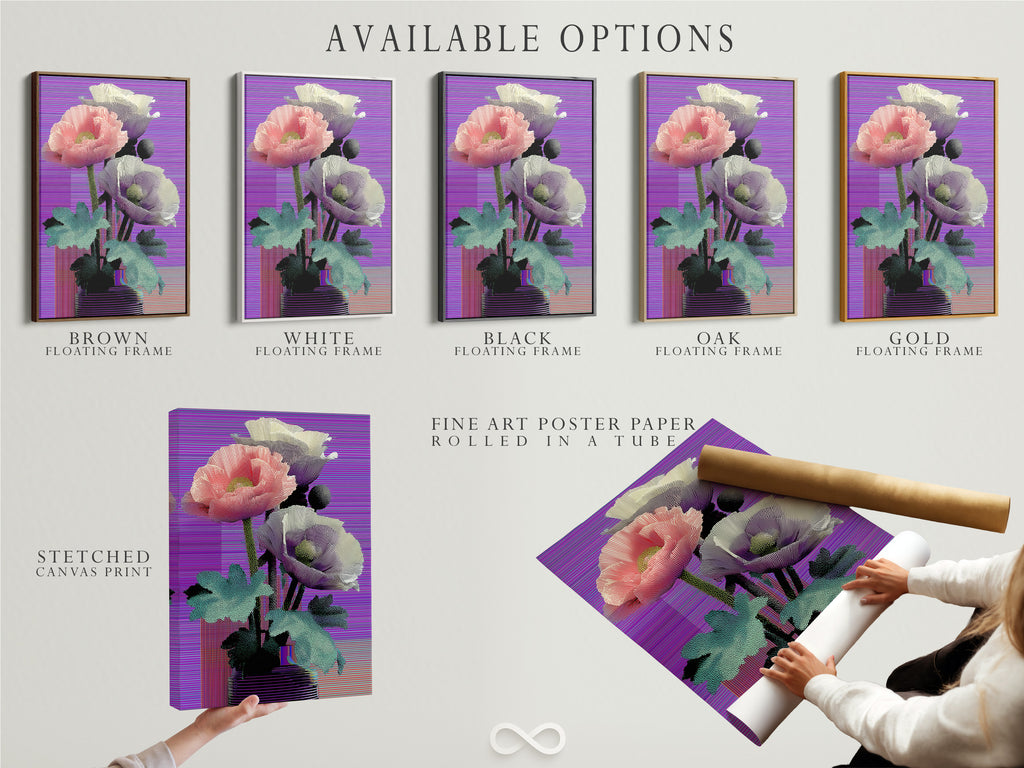 Available options include stretched canvas prints fine art poster paper and floating frames. Choose the perfect format for your vaporwave poppy art print. The retro glitch botanical artwork is versatile. Customize your art to match your style.