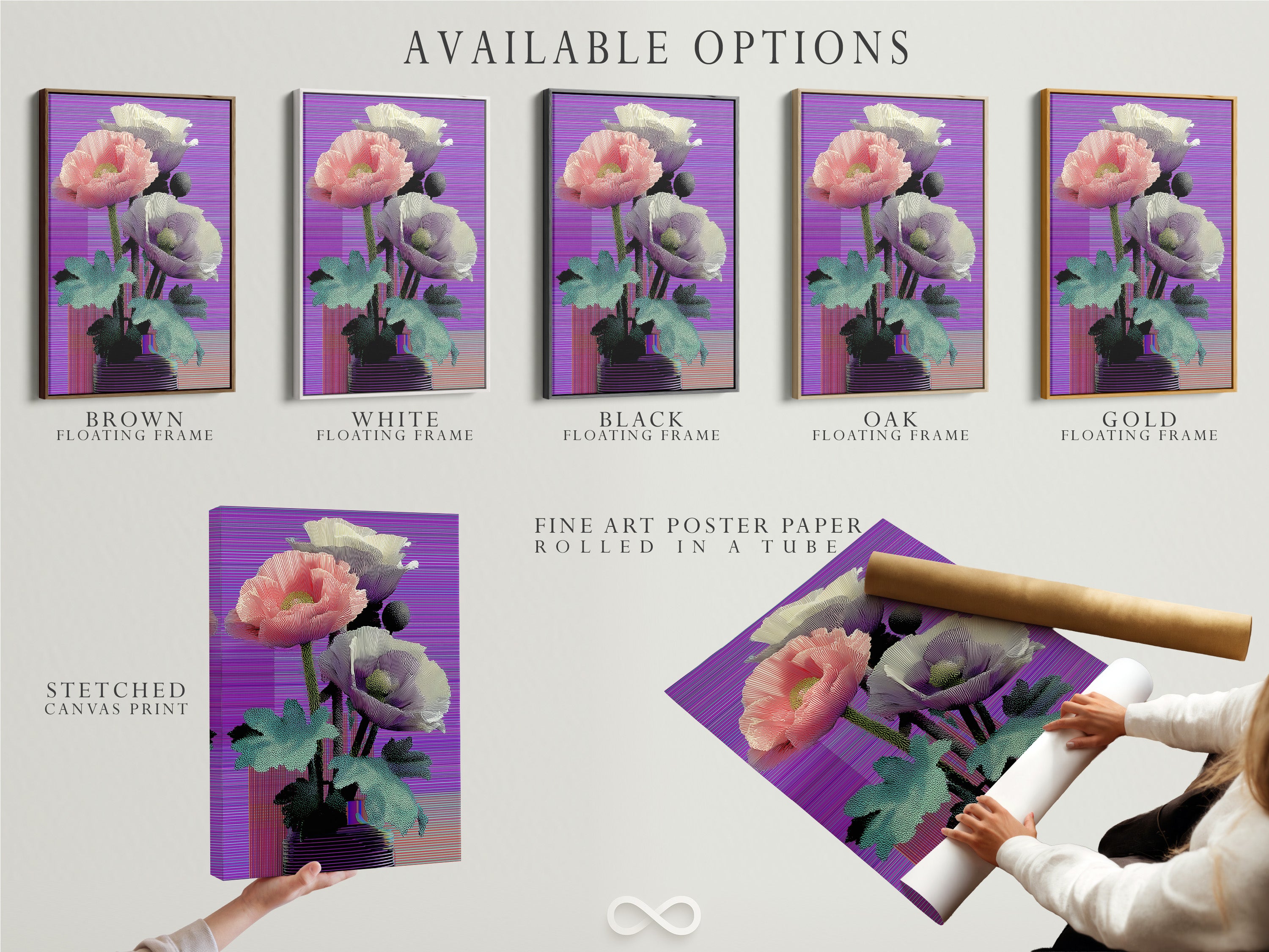Available options include stretched canvas prints fine art poster paper and floating frames. Choose the perfect format for your vaporwave poppy art print. The retro glitch botanical artwork is versatile. Customize your art to match your style.