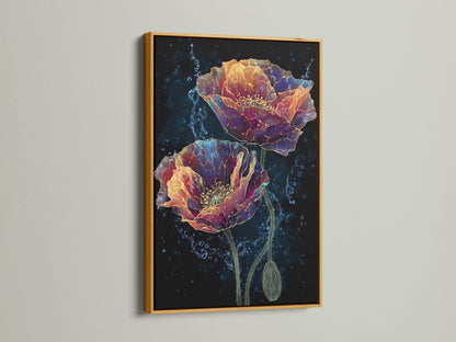 The floral poppy canvas artwork is beautifully highlighted in a gold frame. This botanical print adds a touch of luxury to your wall decor. Perfect for creating a sophisticated and inviting atmosphere. Explore our flower art prints and enhance your living room or office with stunning artwork.