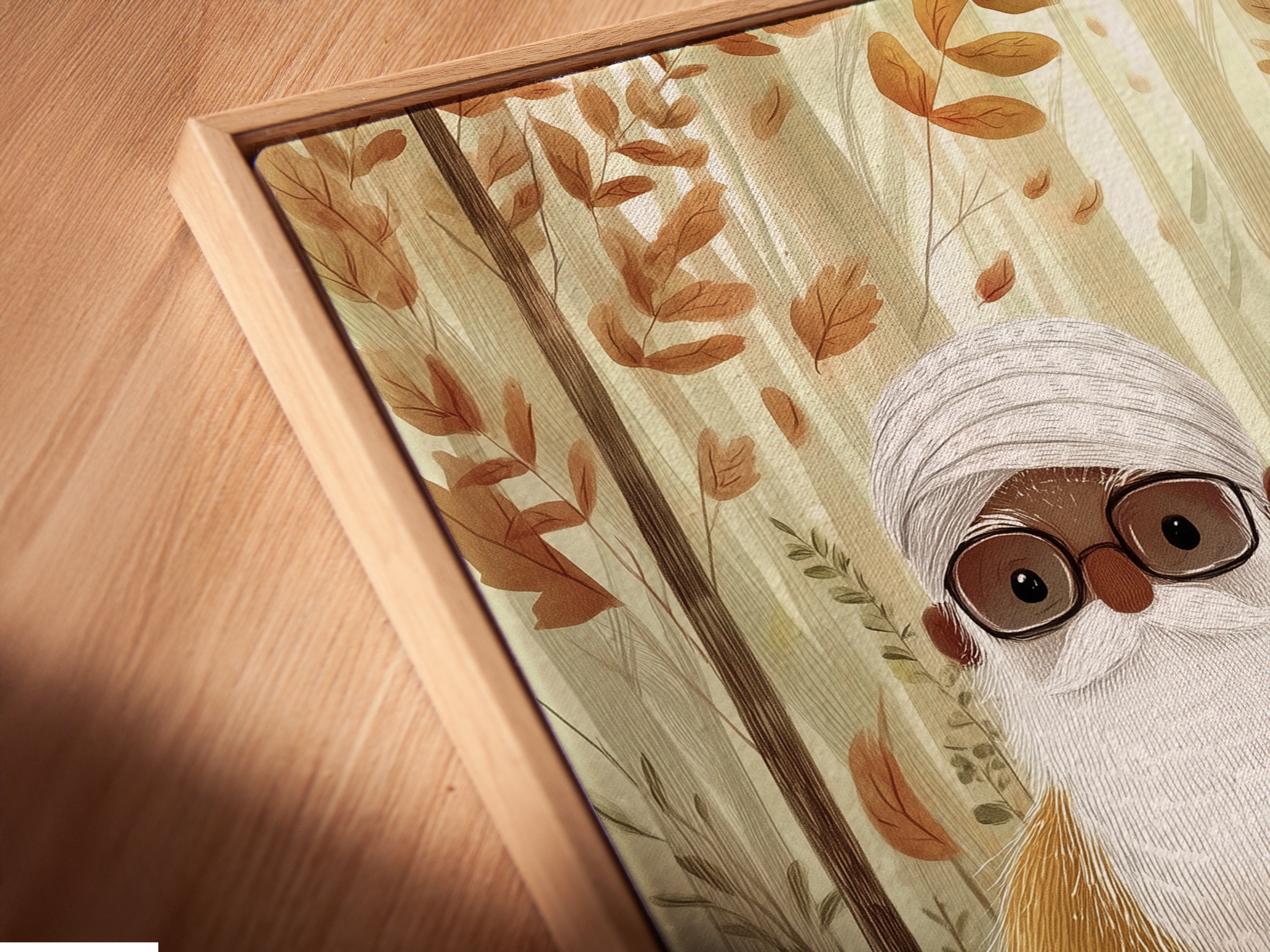 A close-up angled view of a canvas print in a floating frame. The gnome family artwork is set in an autumn forest. The floating frame gives the art a sophisticated gallery look. It enhances the overall presentation.