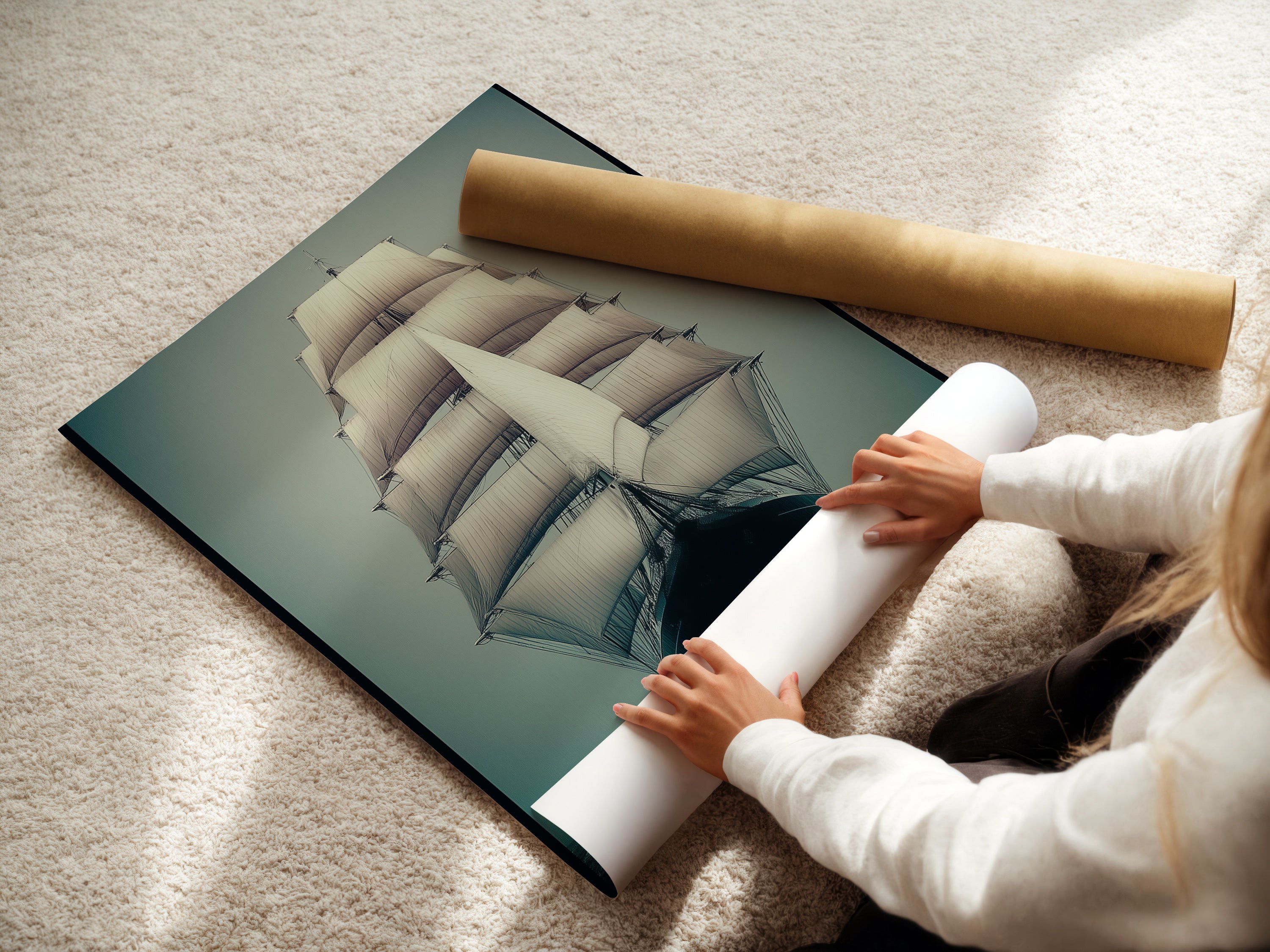 A woman carefully rolling a fine art poster paper featuring a Sailing Ship. This nautical artwork is perfect for coastal decor. The ocean vessel poster brings a maritime touch to any space. Ideal for art collectors.