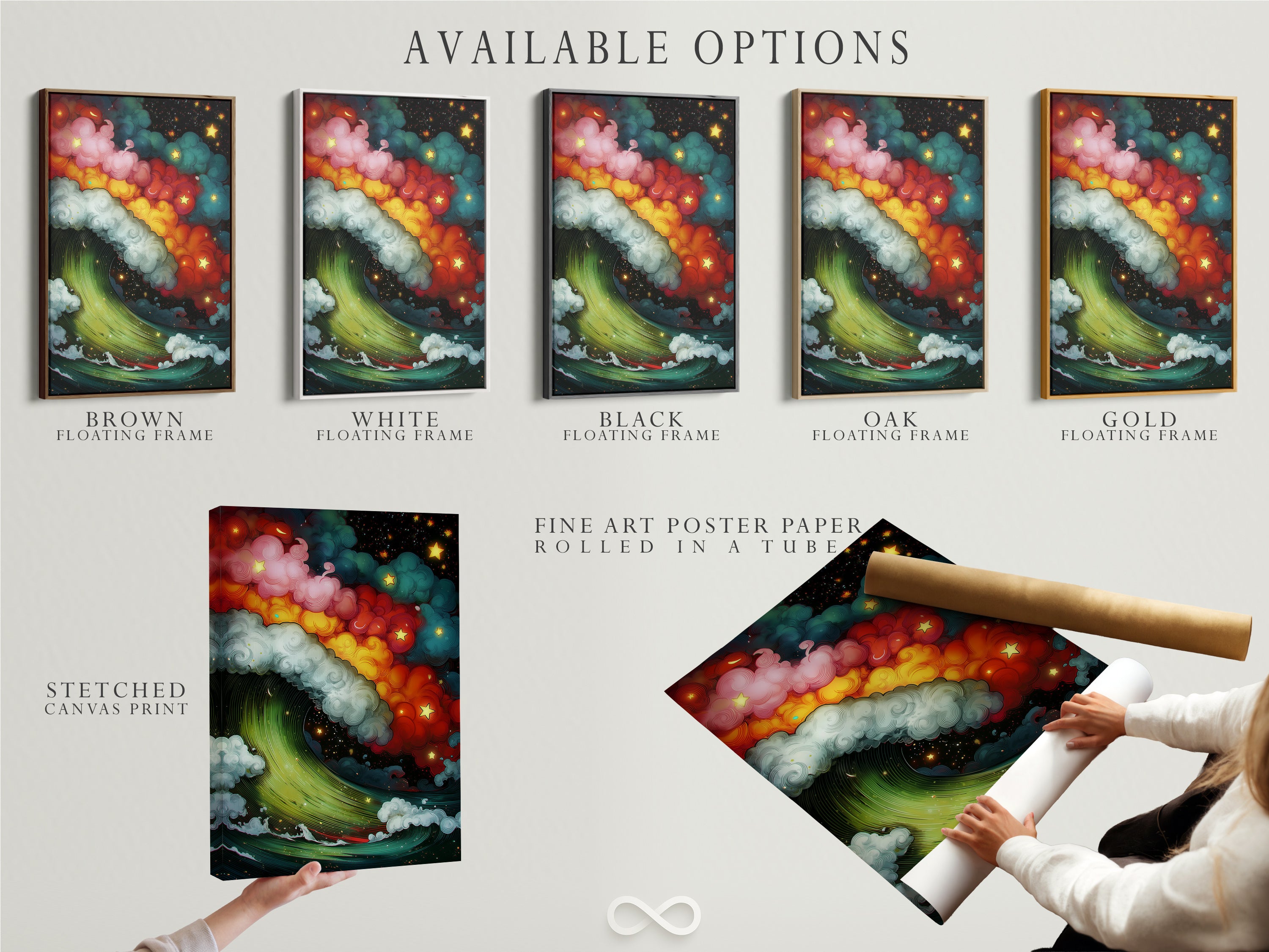 Explore the available options for the Cosmic Wave artwork. Choose from a stretched canvas print fine art poster paper or floating frame. Each option offers a unique way to display the art. Find the perfect match for your style and decor.