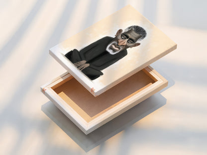 A stretched canvas print is showcased. The modern minimalist artwork is ready to hang. The stretched canvas provides a gallery-ready look. It enhances the black man portrait with its texture.