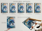 Available options are displayed. Stretched canvas print fine art poster paper and floating frame. Customize your dolphin artwork. Choose the perfect option for your style. Start creating your art piece now