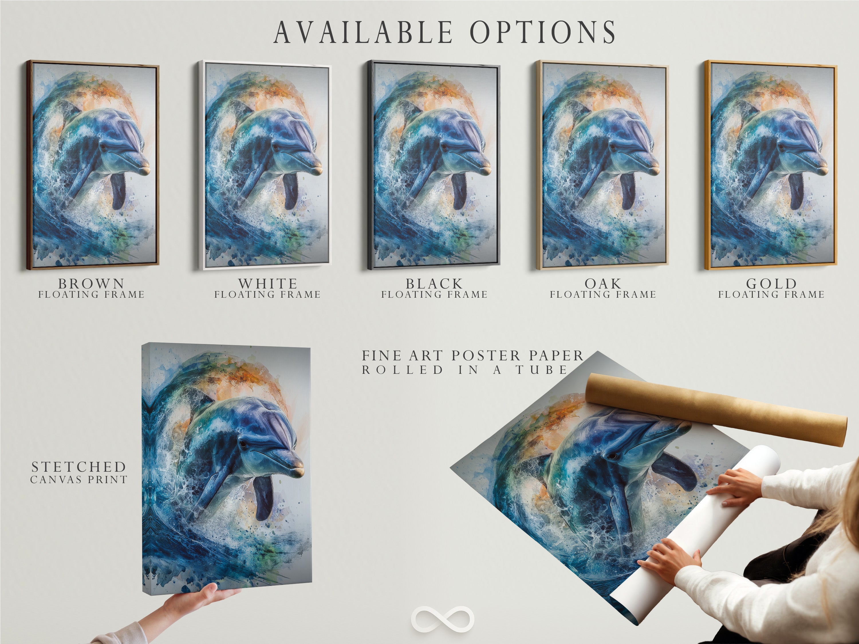 Available options are displayed. Stretched canvas print fine art poster paper and floating frame. Customize your dolphin artwork. Choose the perfect option for your style. Start creating your art piece now
