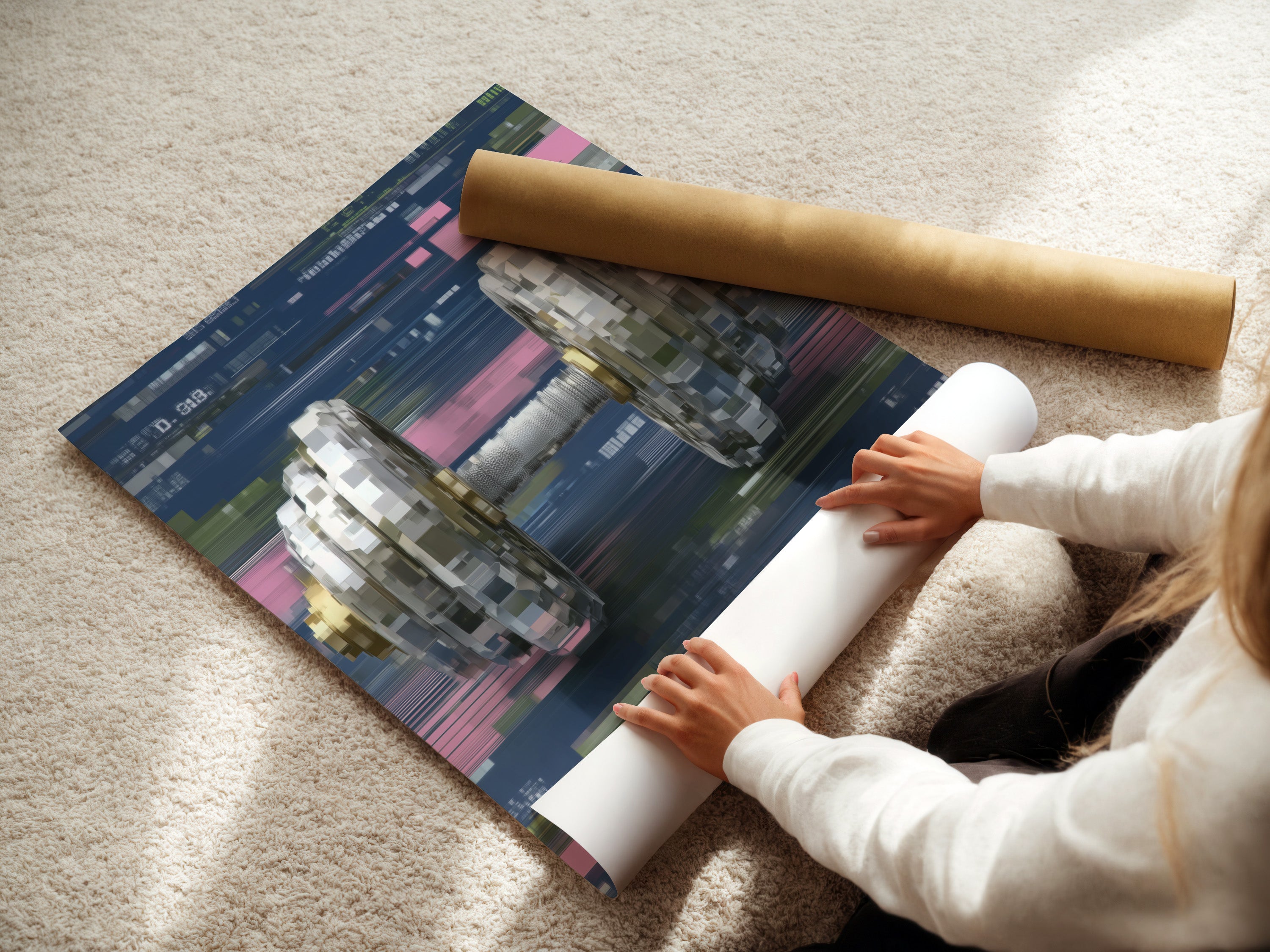 A woman is carefully rolling a fine art poster paper of the Digital Glitch Dumbbell artwork. This cyberpunk art will be perfect for home gym decor. The poster highlights the pixel art print.