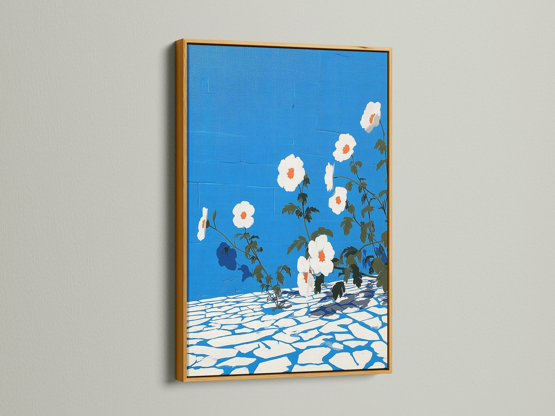 Elevate your floral canvas art with a gold frame. The azure blue botanical print makes a statement in entryway wall decor. This flower artwork is a refined choice for modern wall art.