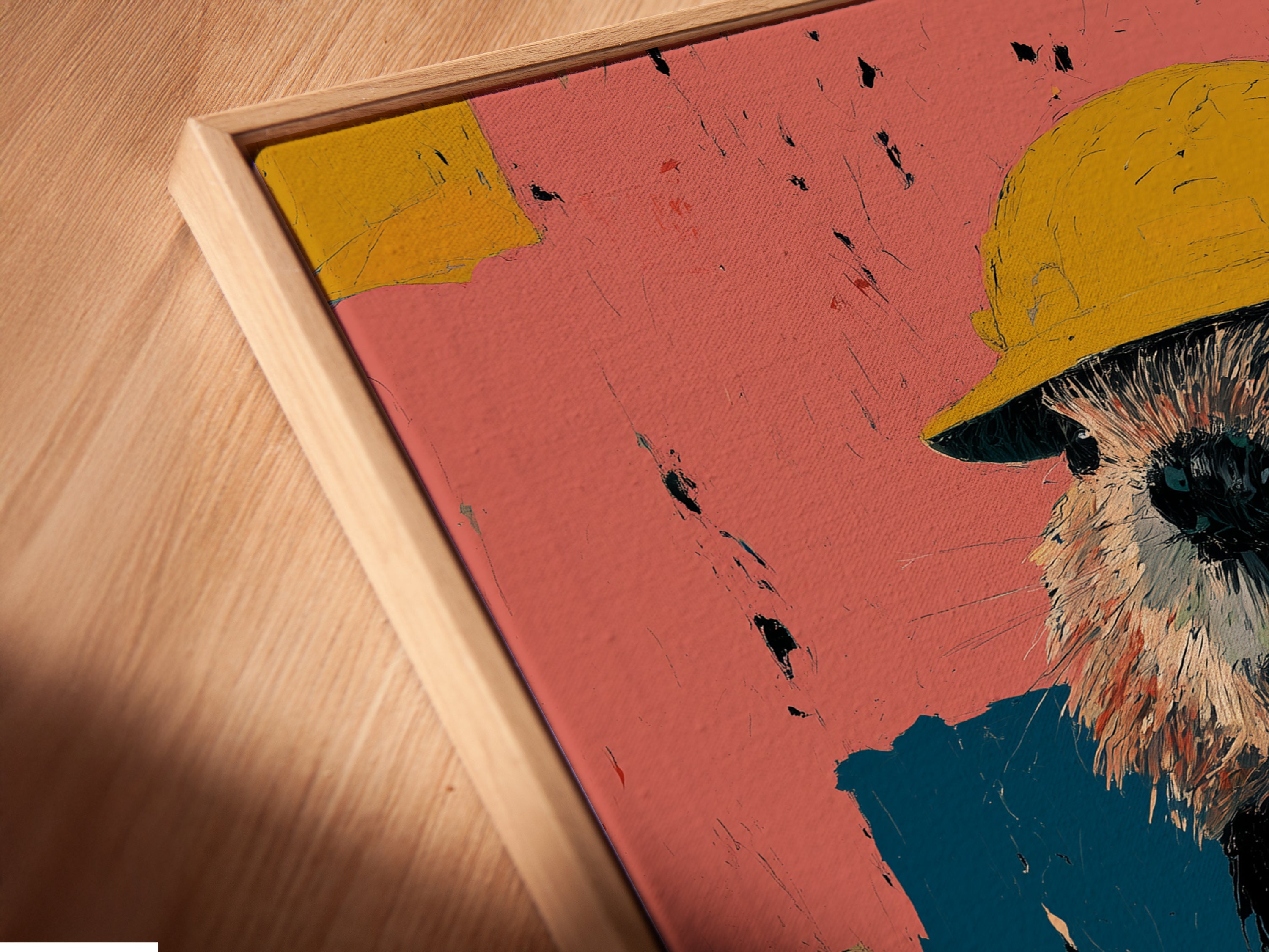 Close-up of a canvas print in a floating frame. This beaver construction worker artwork is beautifully displayed. The floating frame enhances the retro wall art. A stylish way to showcase this vintage animal print.
