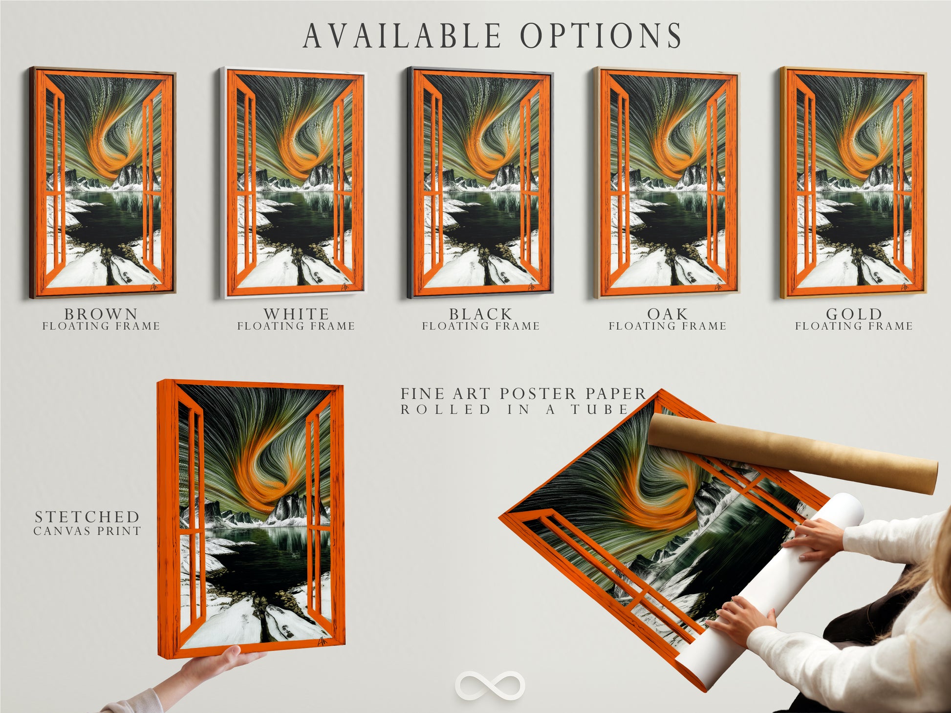 Explore the available options for this stunning aurora borealis artwork. Choose between a stretched canvas print. Opt for fine art poster paper. Consider a floating frame. Each option offers a unique way to display this arctic landscape. Find the perfect style to match your taste. It will enhance your home decor with this captivating piece of Nordic wall art.