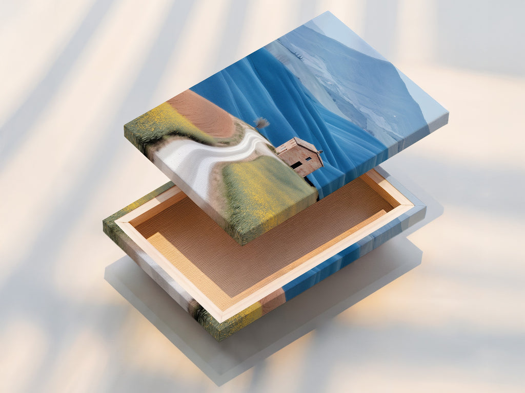 A stretched canvas print of a Tuscan Landscape. This canvas print features rolling hills and farmhouse scenery. The stretched canvas provides a gallery ready look. Ideal for creating a focal point in your living room or bedroom. This landscape canvas adds warmth to any space.