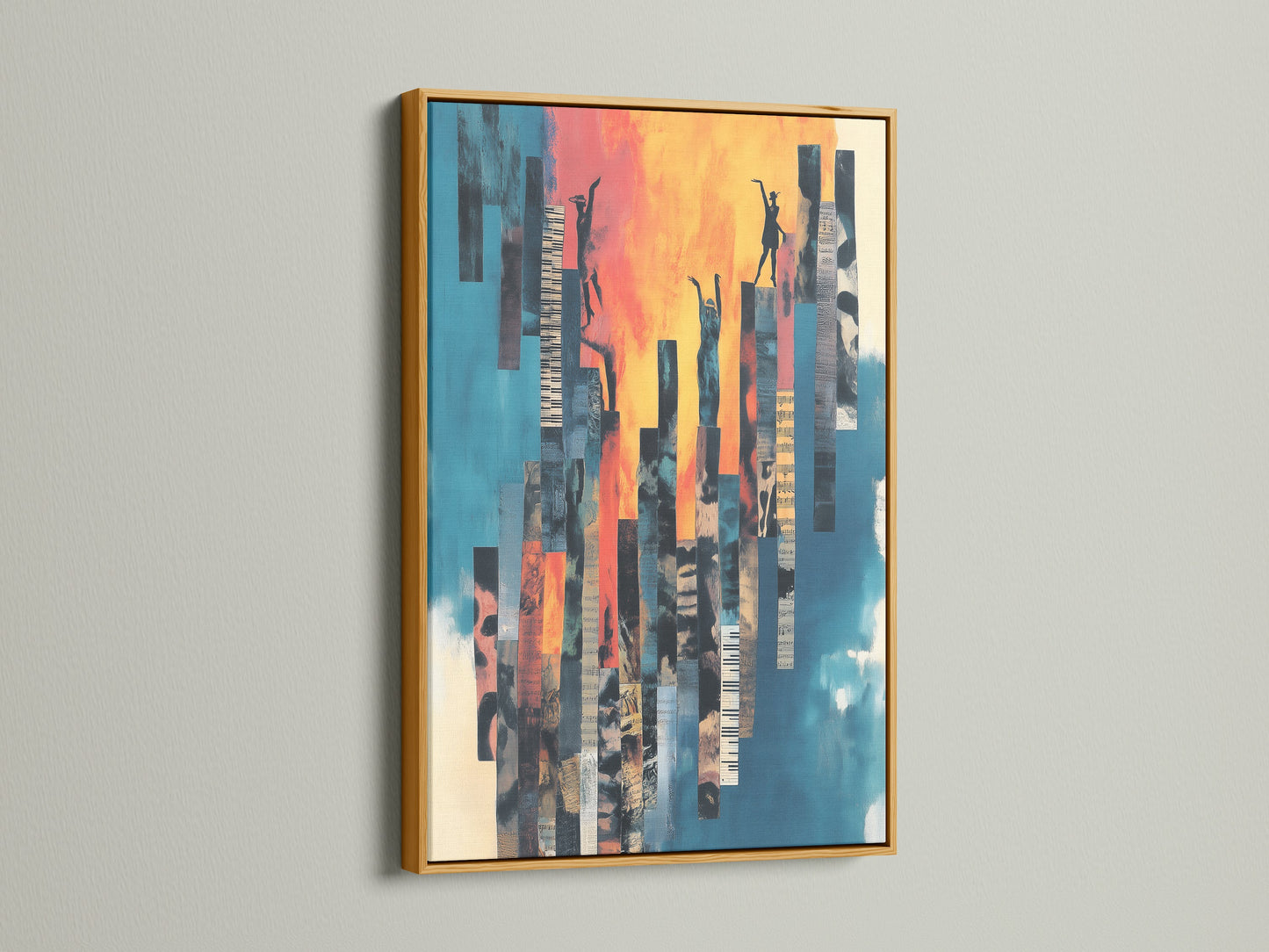 Abstract figure artwork with a gold frame. This musical canvas art brings a touch of luxury. Teal blue and orange colors create a vibrant piece. Perfect for studio decor and upscale homes. The gold frame enhances the artwork's elegance. Transform your space with inspiring art. Add a sophisticated touch to any room.