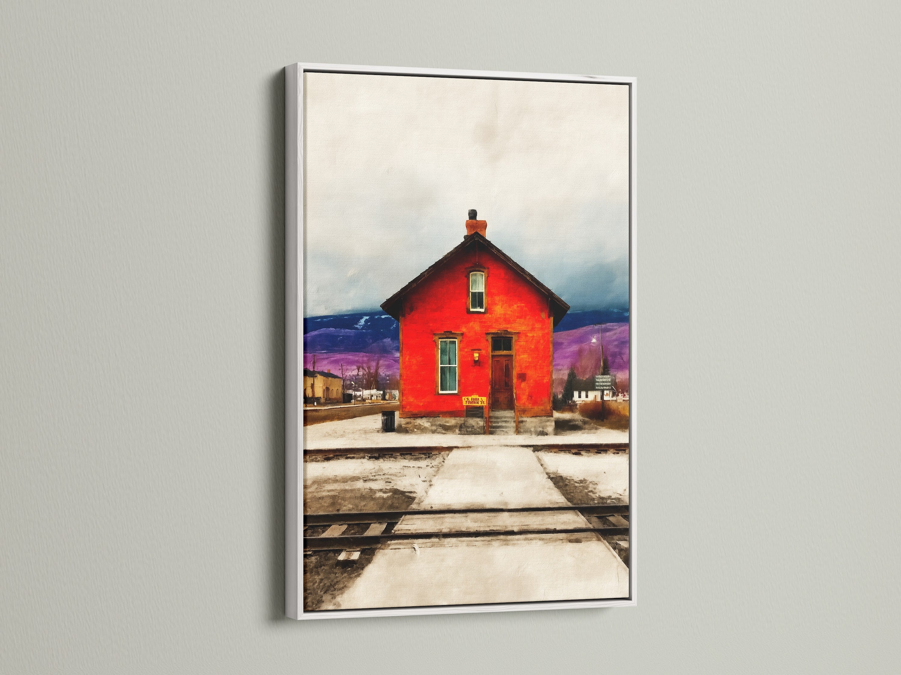 Vintage Americana wall art featuring a red train station. The artwork is presented in a white frame. It offers a clean and modern look. Perfect for adding a touch of rustic charm to your space. This farmhouse print brings vintage appeal to any room. Ideal for office wall decor. This piece of Americana art evokes a sense of nostalgia.