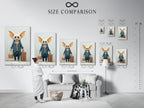 A size comparison chart in an interior setting shows the different sizes available for the monster travel artwork. Visualize how the artwork will look in your space. Choose the perfect size to complement your decor. Available as a print or canvas to suit your style. The artwork features a cute monster.