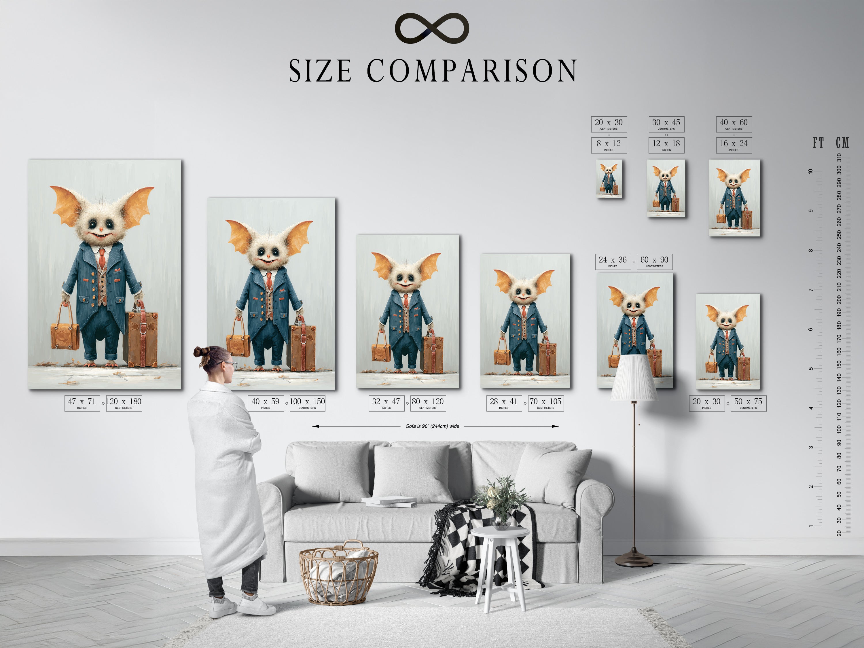 A size comparison chart in an interior setting shows the different sizes available for the monster travel artwork. Visualize how the artwork will look in your space. Choose the perfect size to complement your decor. Available as a print or canvas to suit your style. The artwork features a cute monster.