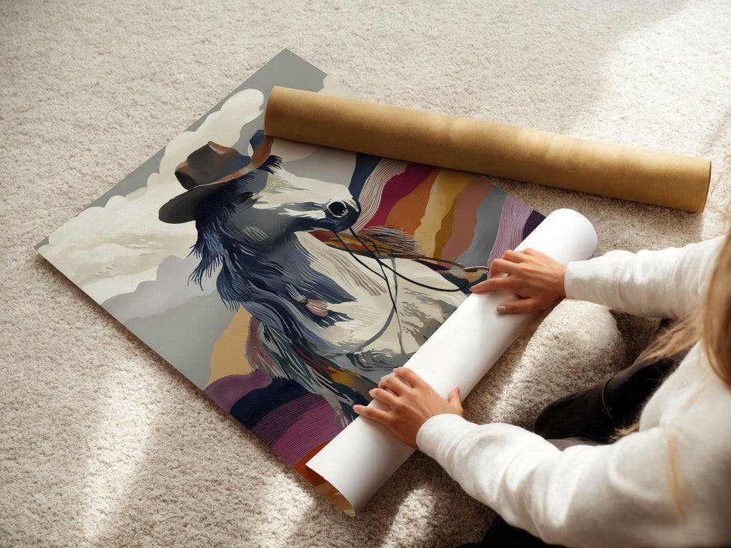 Woman carefully rolls a fine art poster paper featuring cowboy horse art. Preparing southwestern print for shipping ensures it arrives in perfect condition. This fine art poster paper is ideal for framing or adding to your collection.