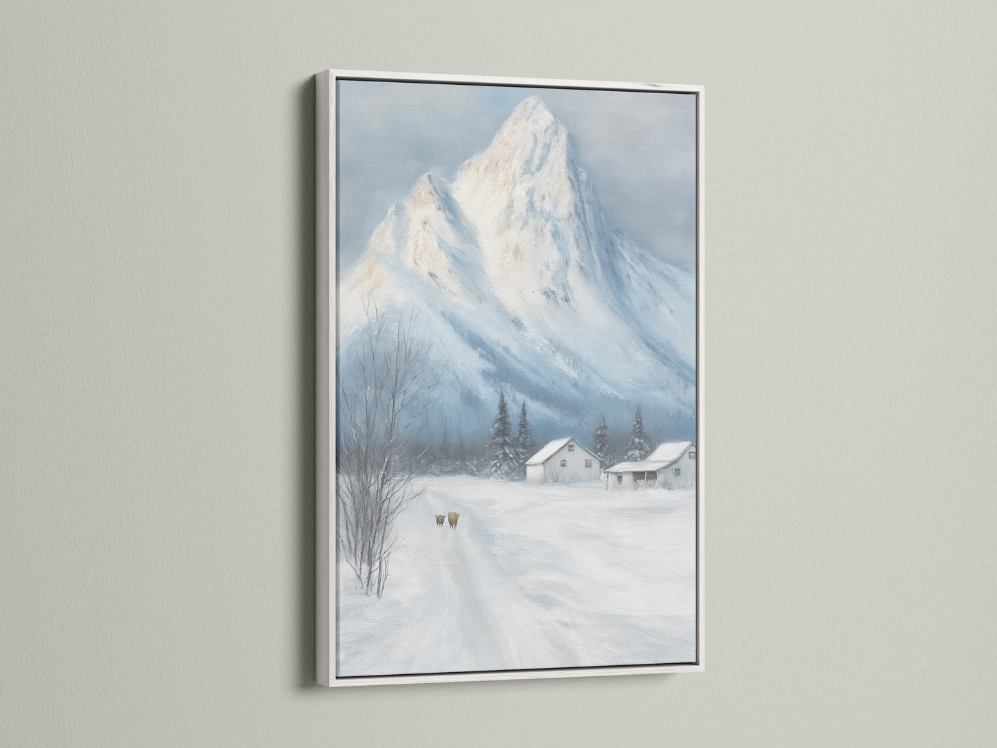 Winter Mountain canvas print is showcased in a white frame. The snowy landscape wall art enhances any farmhouse decor in a cabin. Its rustic artwork brings a touch of winter's beauty indoors. This piece is perfect for a serene atmosphere.