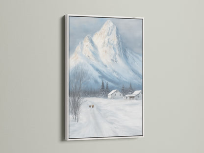 Winter Mountain canvas print is showcased in a white frame. The snowy landscape wall art enhances any farmhouse decor in a cabin. Its rustic artwork brings a touch of winter's beauty indoors. This piece is perfect for a serene atmosphere.