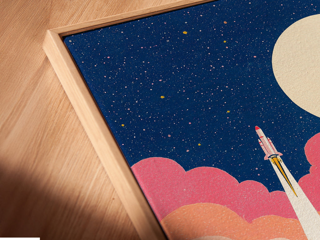 A close-up angled view shows a canvas print in a floating frame. The frame gives the illusion that the art is floating. This adds a modern touch. The artwork features a rocket launch scene. Discover floating frames for a unique look.