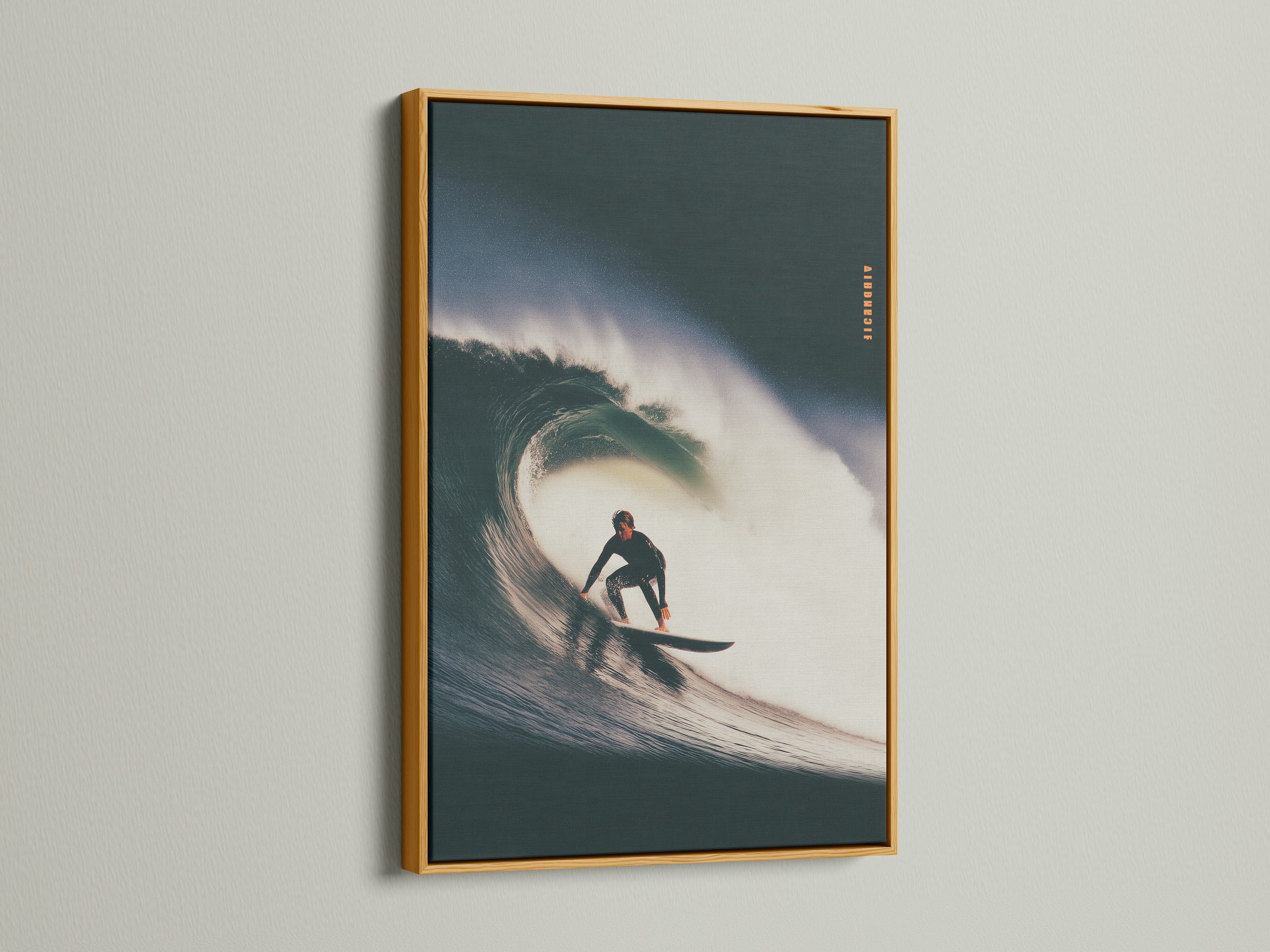 A gold frame displays surf artwork. The art is mounted on a white wall. The gold frame adds a touch of luxury. It enhances the artwork's elegance. This frame creates a focal point. It is perfect for adding glamour.