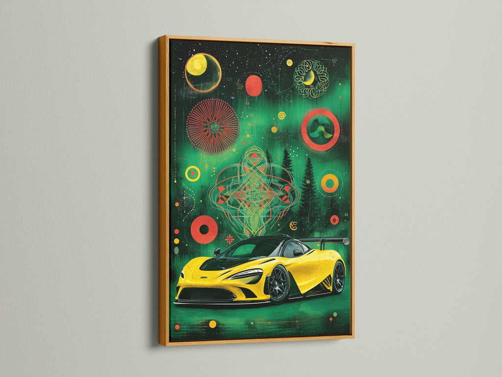 Admire sports car artwork in a gold frame. The gold frame adds luxury to cosmic geometric wall art. A yellow supercar poster shines. Perfect for man cave wall art or garage decor. See how a gold frame transforms racing car art.
