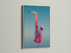 Discover the warmth of an oak frame. This music canvas print features a pink saxophone. Jazz wall art brings a modern touch. Ideal decor for music lovers and musicians. Enhance your home office or studio with this instrument artwork.