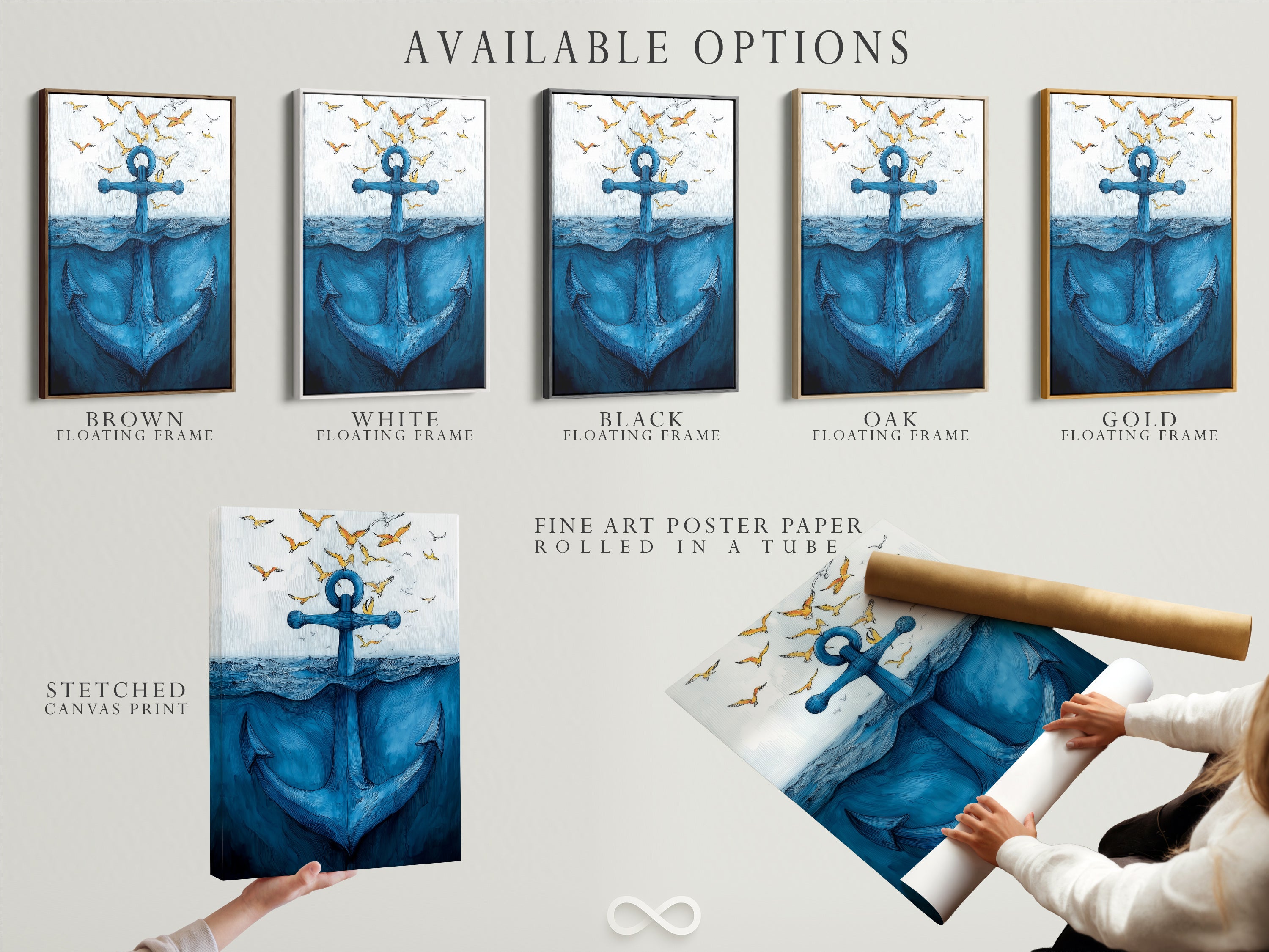 Explore available options for this anchor artwork. Options include stretched canvas print fine art poster paper and floating frame. Customize your nautical print to perfectly match your style. Enhance your space with this versatile ocean canvas art.