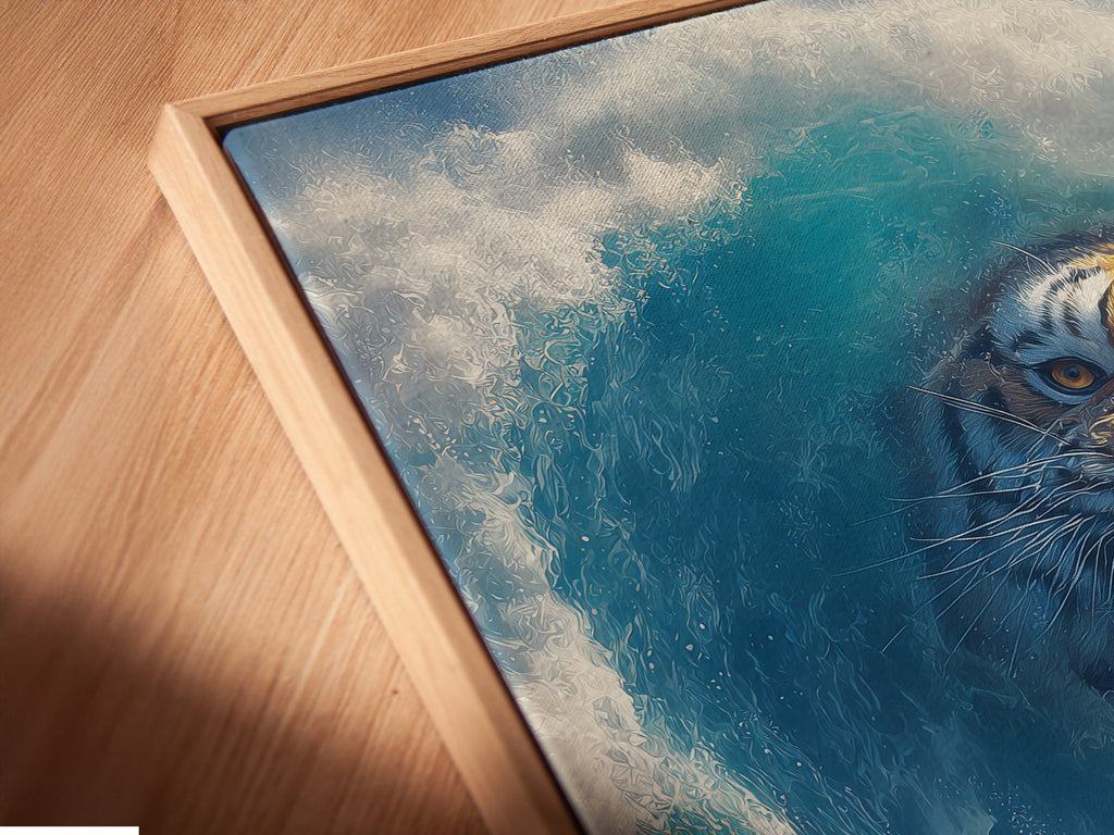 Angled close up of the surreal tiger wave art. The artwork is a canvas print in a floating frame. The surfer rides a blue ocean wave. The tiger is a fantasy animal. A great piece for office decor.