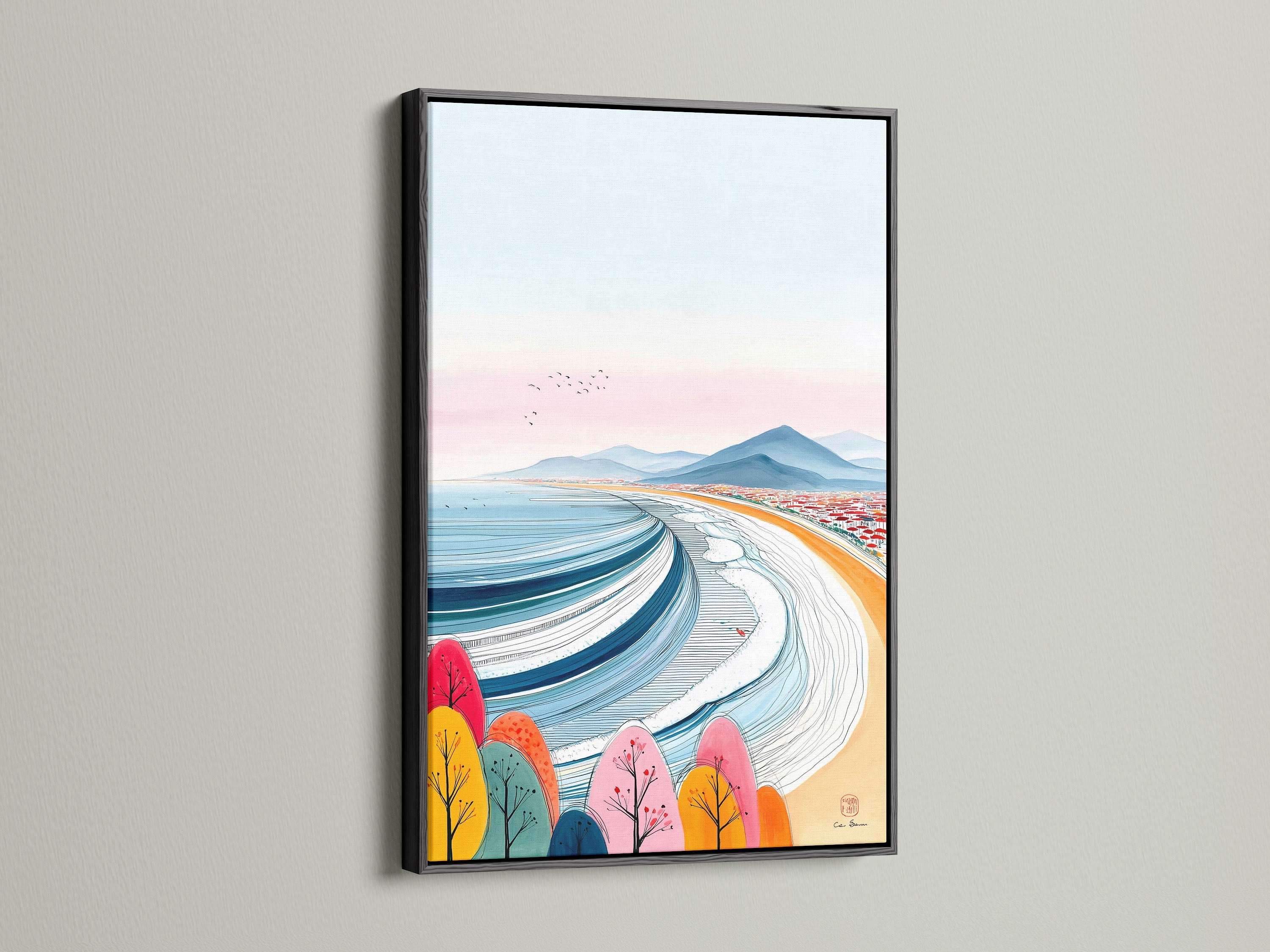 Beach canvas in a sleek black frame. The artwork captures a modern seascape. It has colorful trees and an ocean view. This piece adds sophistication to your living room or beach house decor.