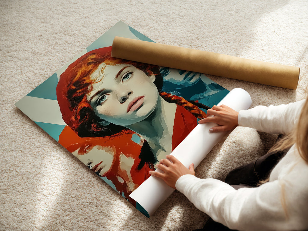Woman rolling a fine art poster paper. This Retro Woman Art is in vintage pop art style. Consider this wall decor for a bedroom or office space. The artwork features red hair and teal orange hues. It's modern art.