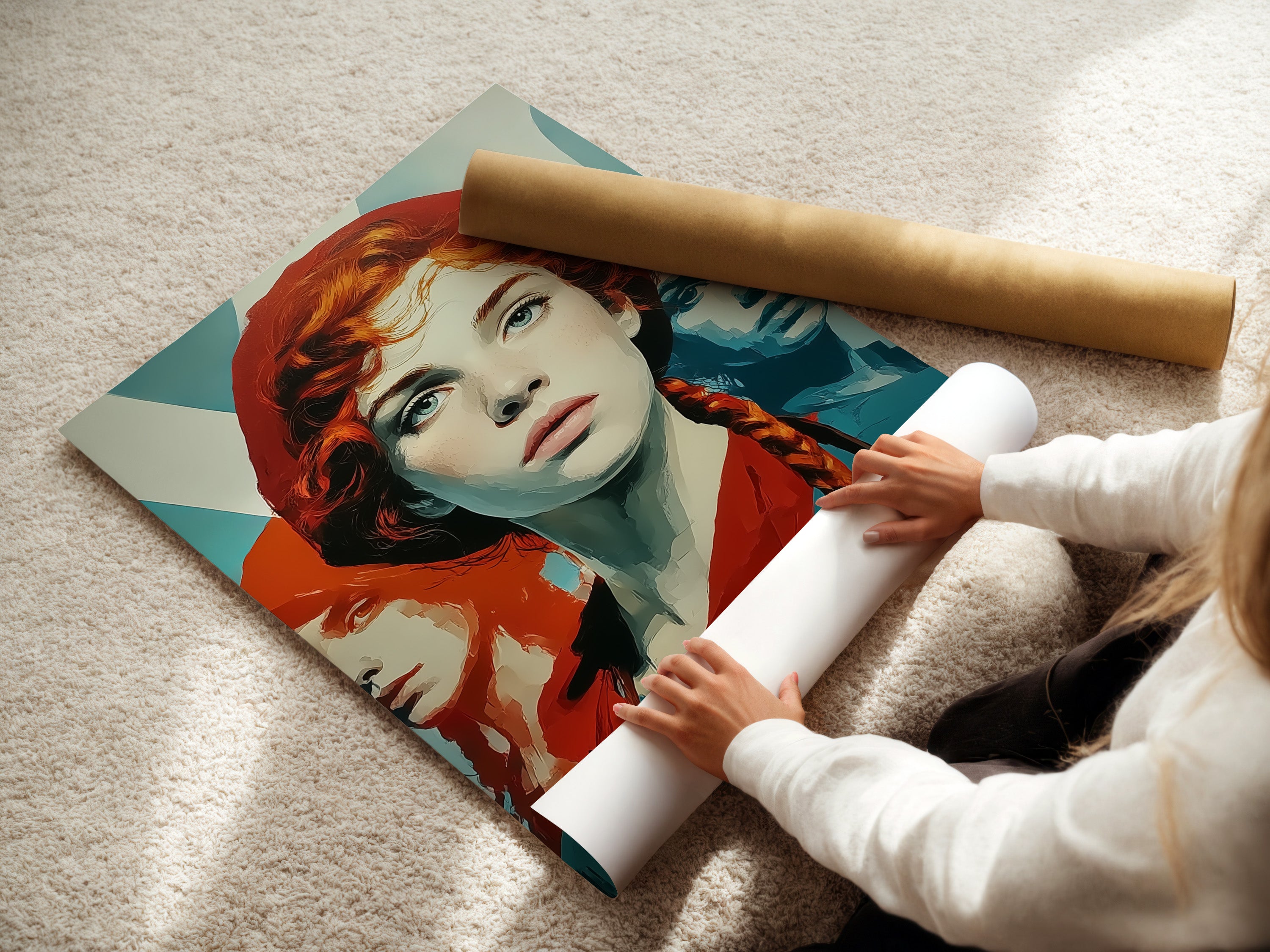Woman rolling a fine art poster paper. This Retro Woman Art is in vintage pop art style. Consider this wall decor for a bedroom or office space. The artwork features red hair and teal orange hues. It's modern art.
