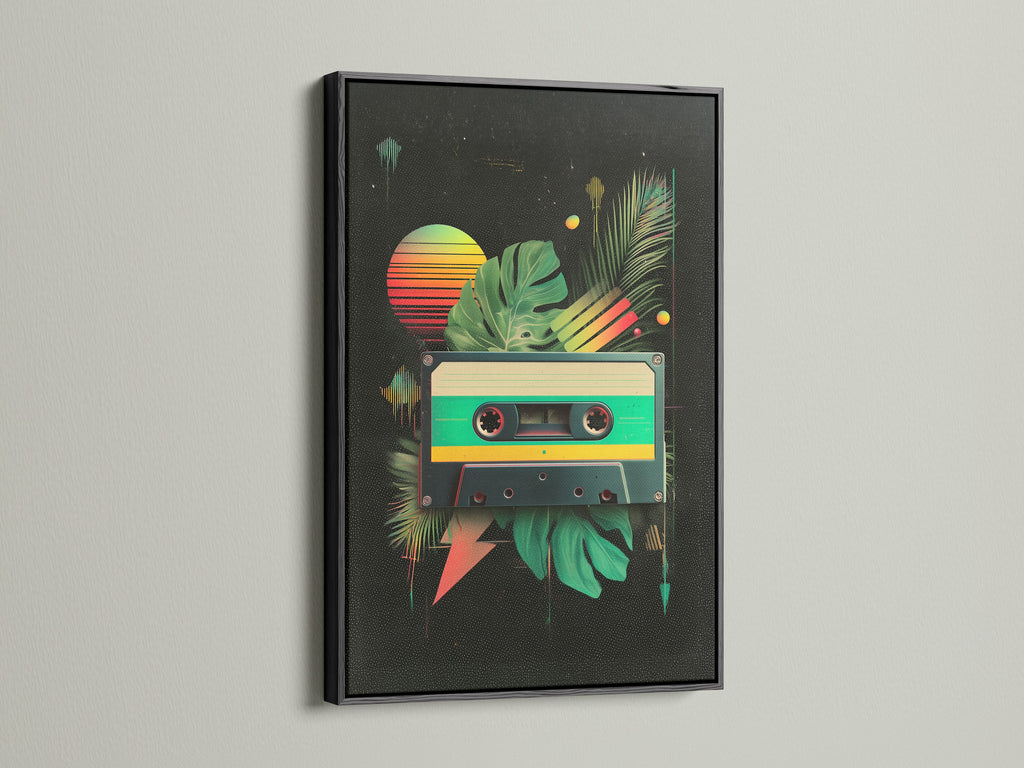 This black frame features a striking contrast with the art print. The cassette tape art pops against the dark frame. Tropical leaves and a sunset add vibrancy. Buy this framed art for a bold statement. It's a stylish addition to your wall art collection.