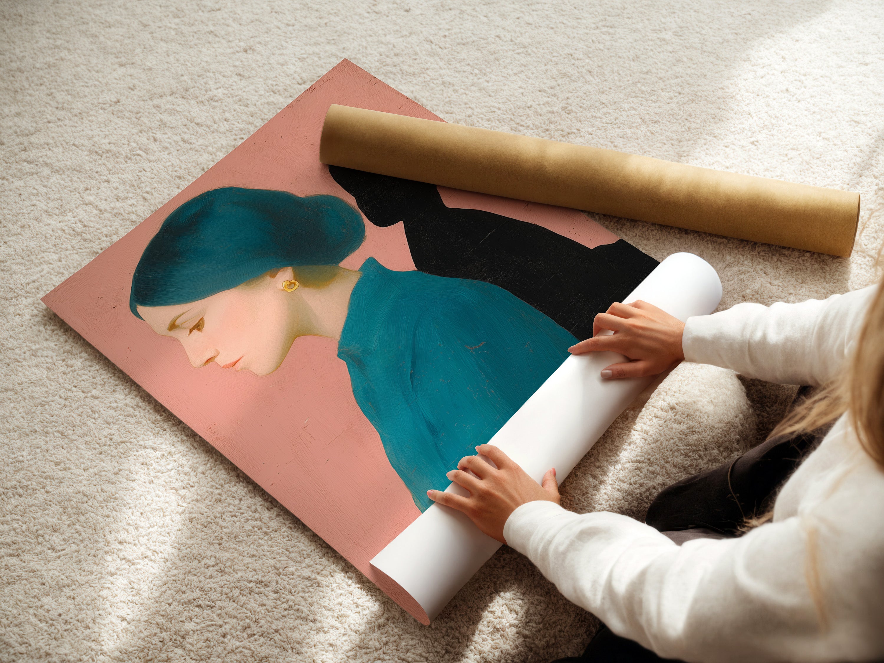 A woman is carefully rolling a fine art poster paper. She is preserving the quality and preventing damage. High-quality poster paper enhances artwork. It ensures vibrant colors and lasting beauty for your prints.