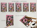 Available options for tropical floral artwork including stretched canvas print fine art poster paper and floating frame. Select the perfect format to match your style. Pink hibiscus flowers bring vibrant botanical beauty.