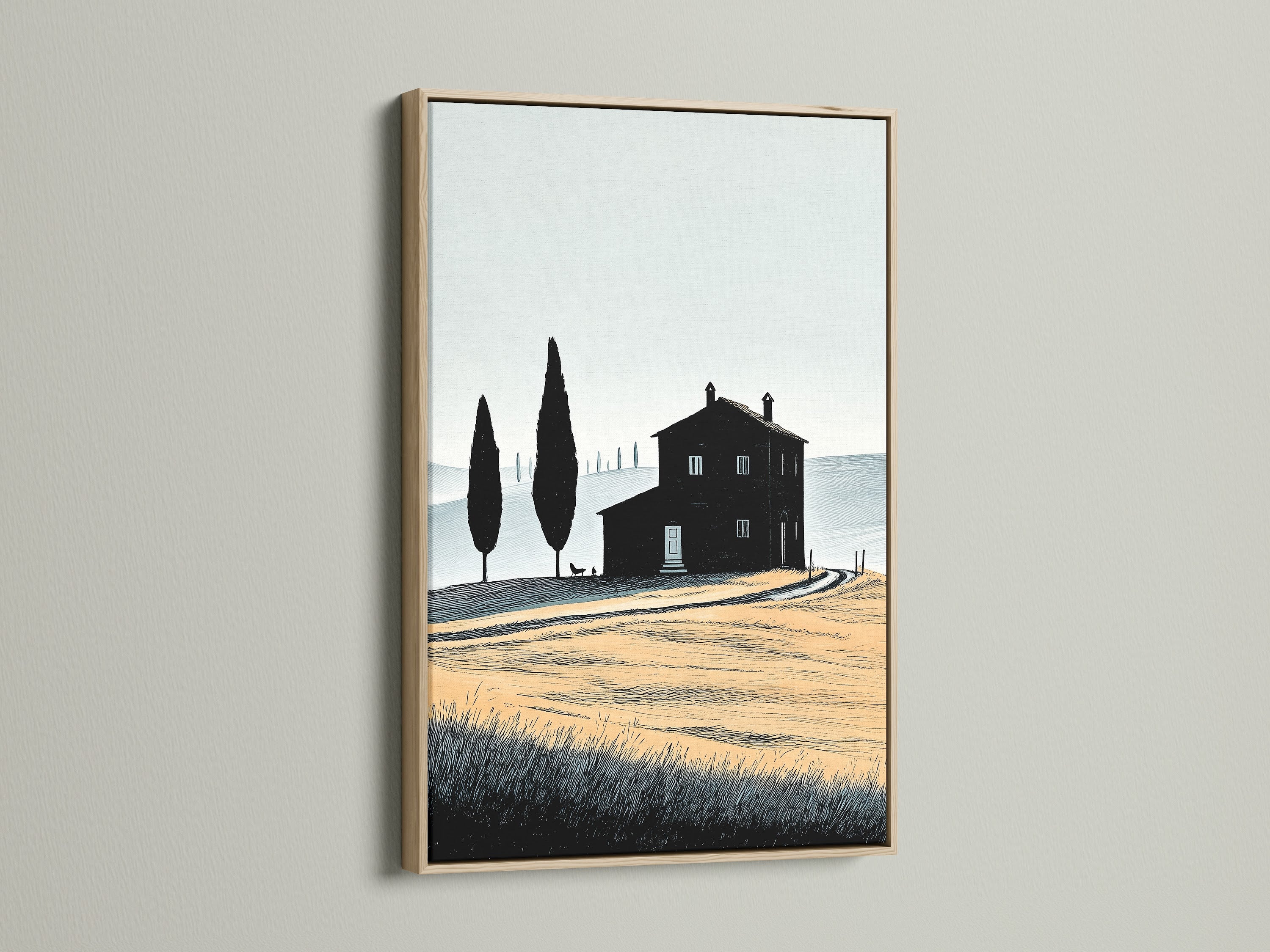 Tuscan Farmhouse art print in an oak frame. This vintage rural landscape artwork adds a touch of Italian countryside to your decor. A beautiful piece of farmhouse art to enhance your home.