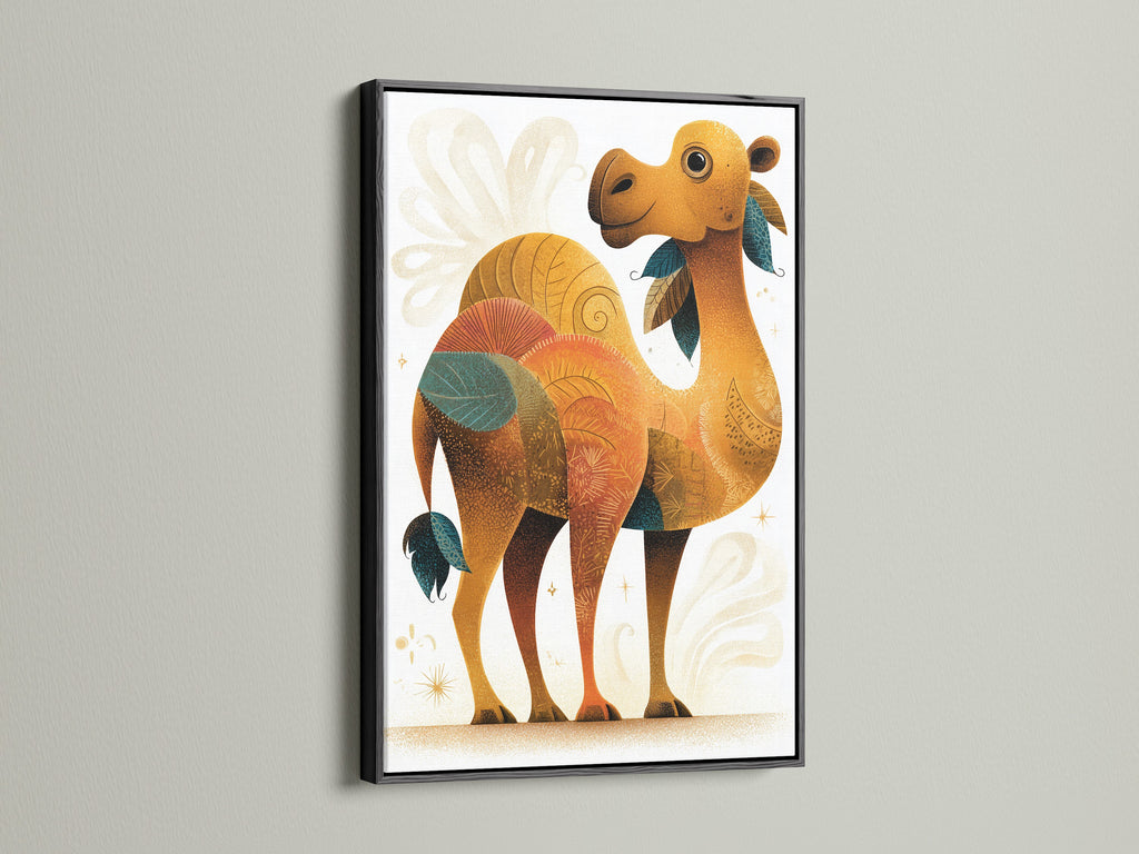 Artwork featuring a whimsical camel illustration in a black frame. A bold and timeless choice for any artwork. Make a statement with a classic black frame. It adds sophistication to your art.