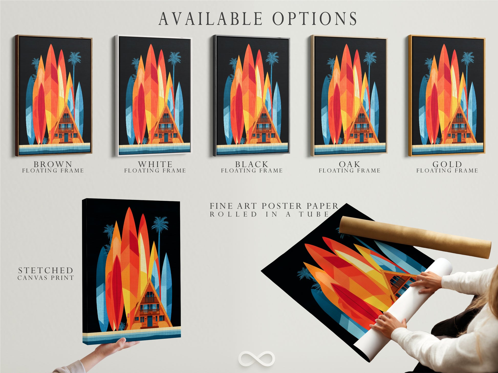 Available options include a stretched canvas print. Fine art poster paper and a floating frame are also available. Customize your A-Frame house artwork to fit your style. The options enhance the surfboard artwork.