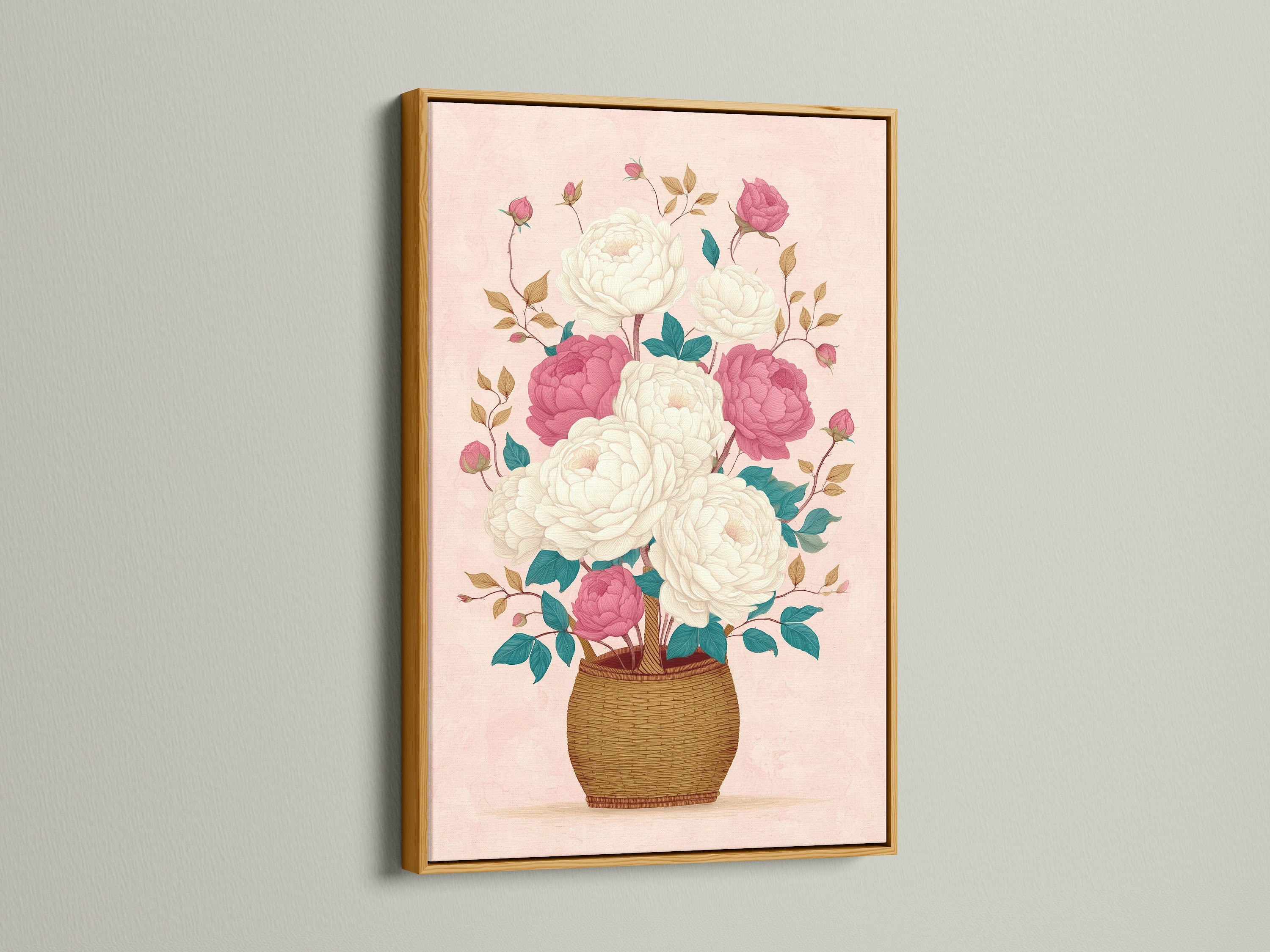 Luxurious floral canvas print featuring pink peony artwork. The artwork is displayed in a gold frame. Bring a touch of elegance with botanical flower artwork. Ideal for cottagecore decor and pink flower art.