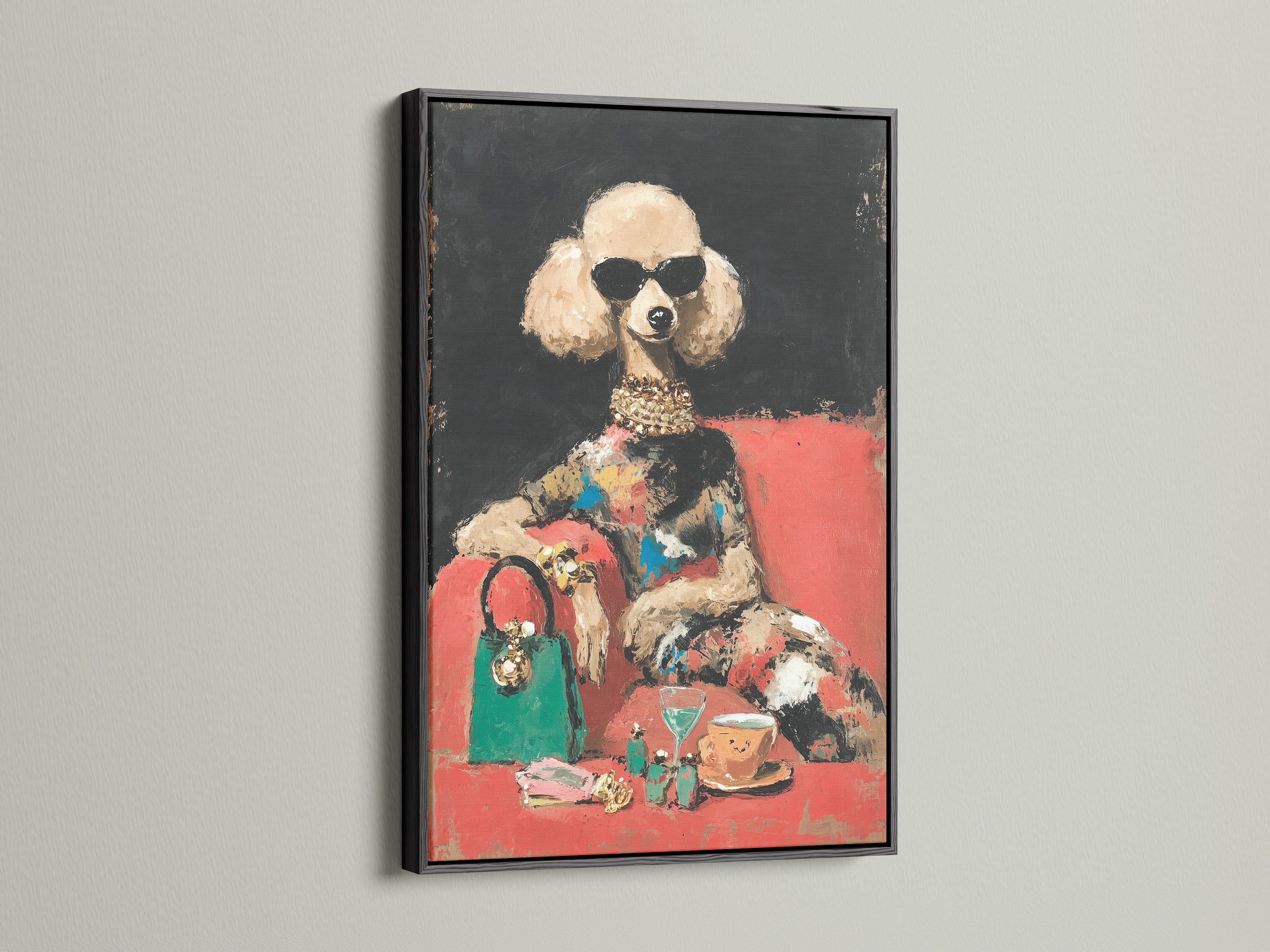 Vintage style poodle artwork showcased in a black frame. Elevate your home with this glamorous pet art. It's an ideal dog lover gift adding luxury to any room as living room wall art.