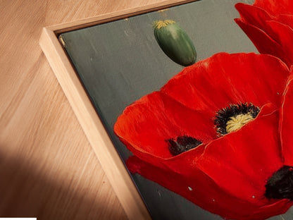 A close-up angled view reveals a canvas print in a floating frame. This red poppy floral artwork adds depth and dimension to any space. Perfect for showcasing vintage flower photography. Elevate your decor with botanical wall art.