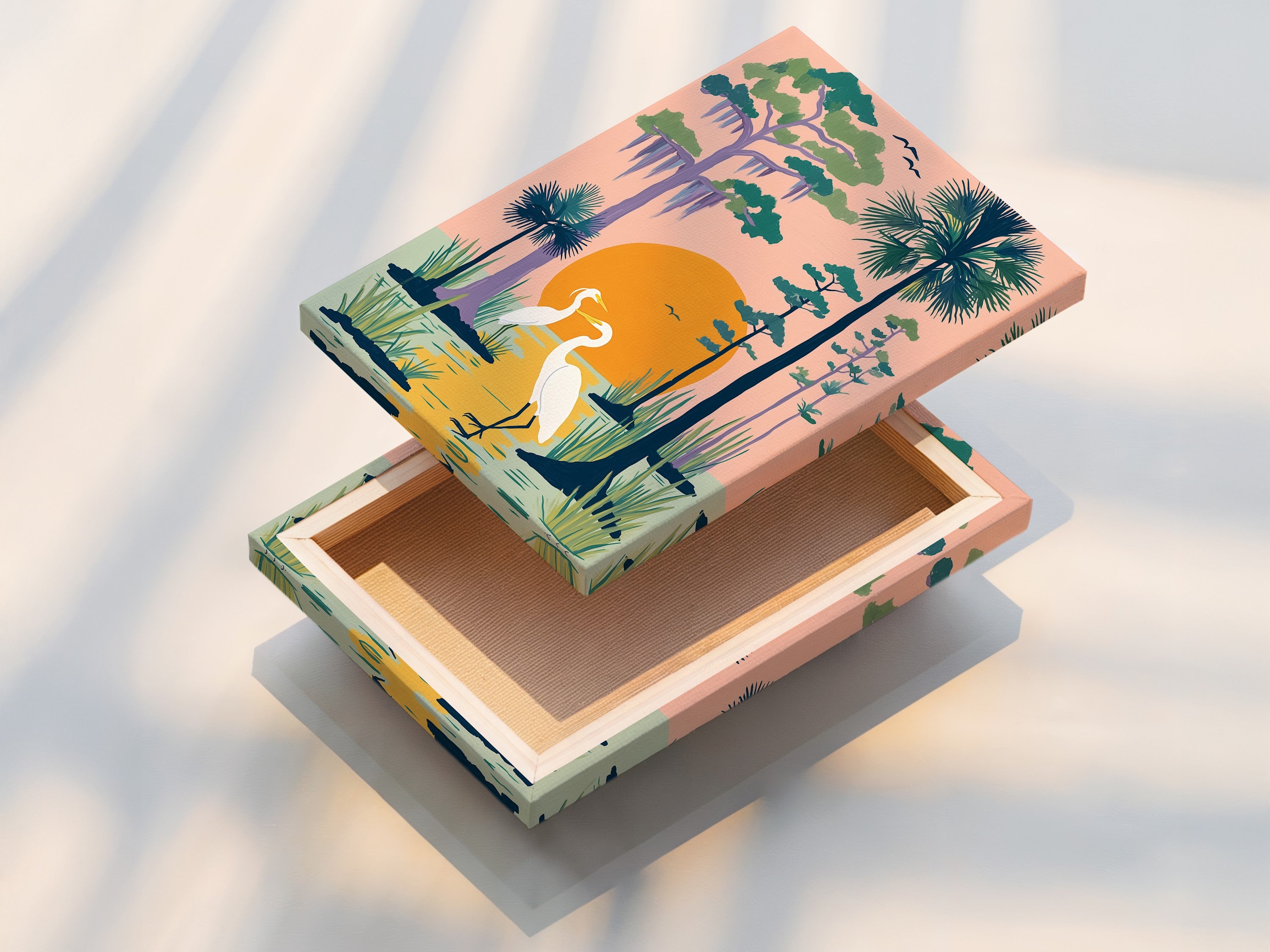 A stretched canvas print of a heron artwork. This coastal wall art is ready to hang. The Florida landscape artwork brings a touch of nature indoors. The heron canvas print is perfect for minimalist modern beach house styles.