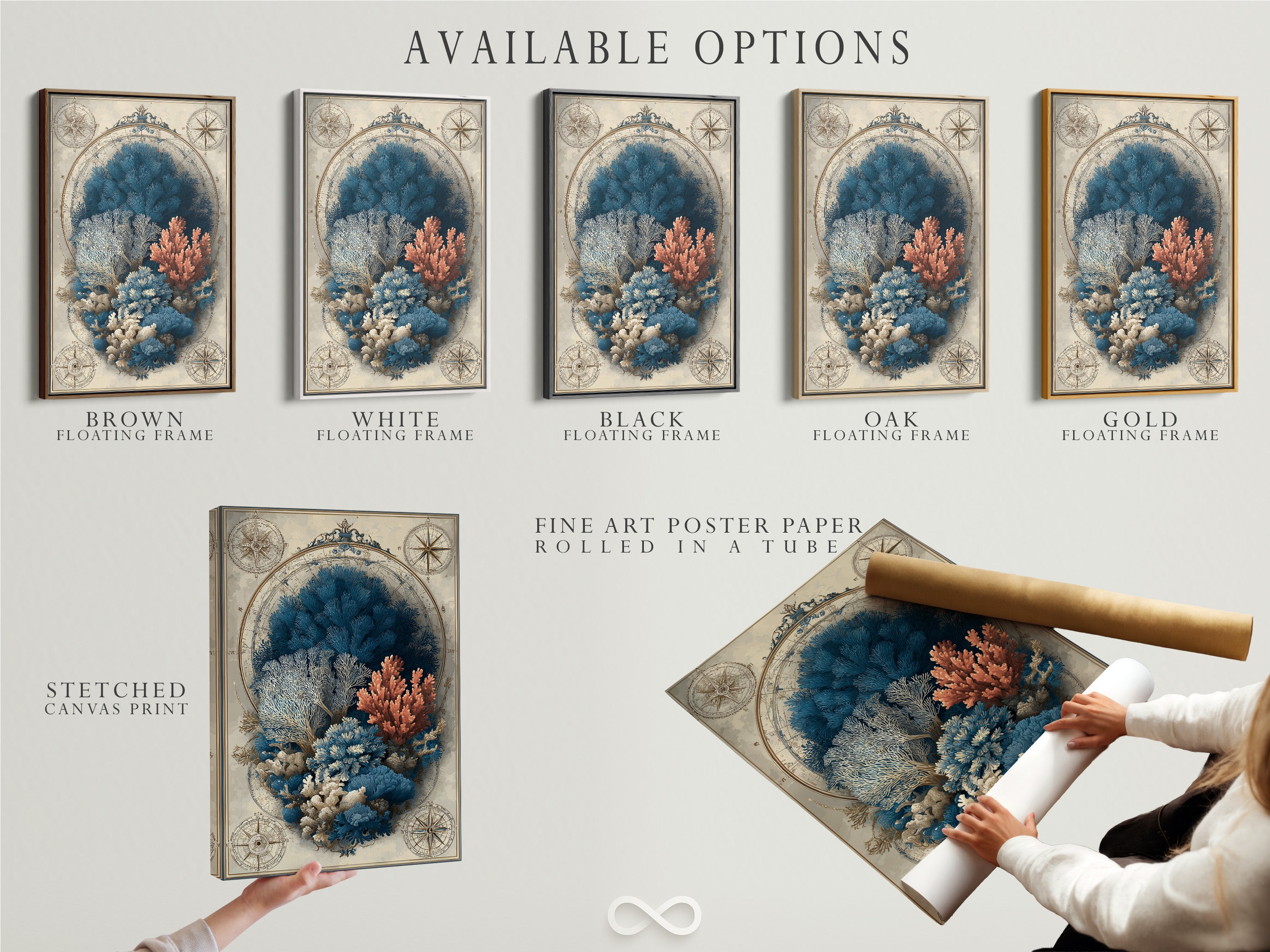 Available options are displayed including stretched canvas print fine art poster paper and floating frame. Choose the perfect medium and presentation for your artwork. Customize your art to match your style and space. Create a personalized gallery wall.