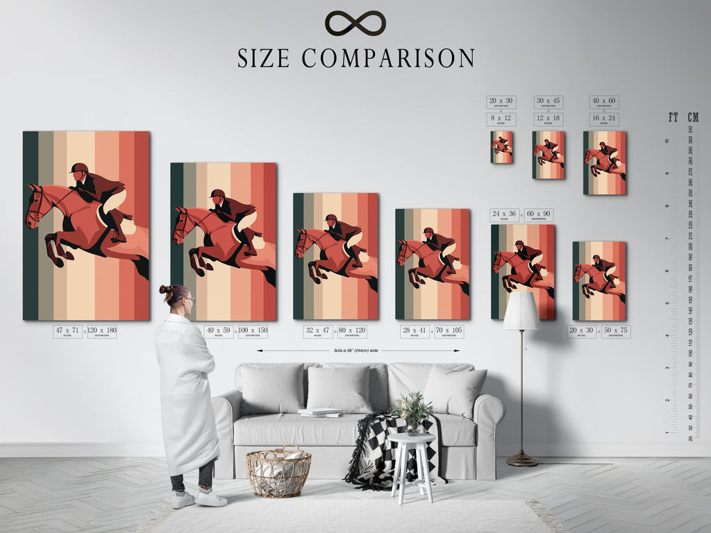 A size comparison chart is displayed in an interior setting. This helps you visualize the perfect artwork size for your room. The chart shows how different sizes look on a wall. Find the ideal dimensions to enhance your space. Make informed art buying decisions.
