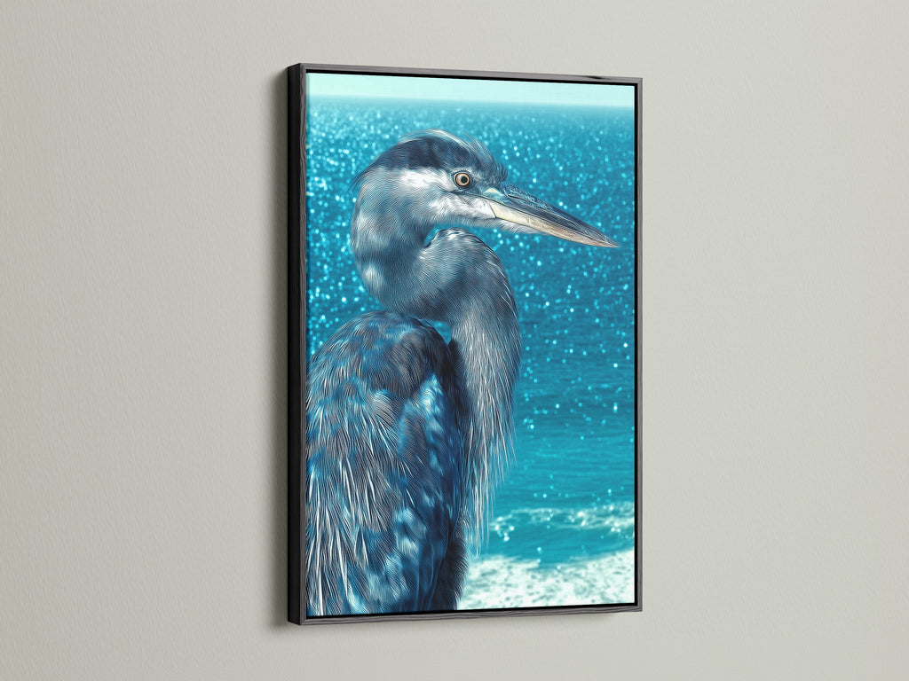 The black frame adds a modern touch to the heron canvas. This striking contrast makes the teal wall art pop. It is suitable for contemporary spaces needing nature photography. Discover elegant coastal art.